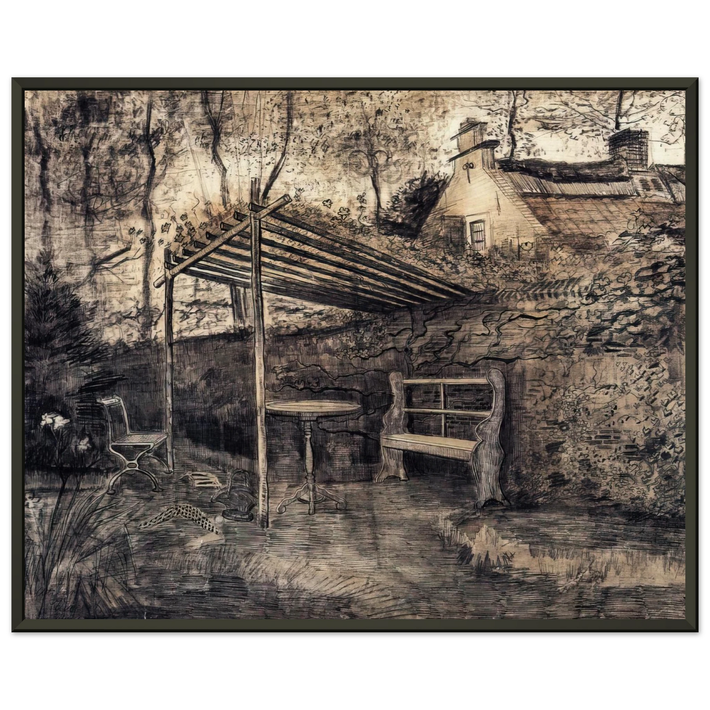 Vincent van Gogh  The Garden of the Parsonage with Arbor Framed Art Print  - Aluminum Frame - 70x100 cm / 28x40 inches