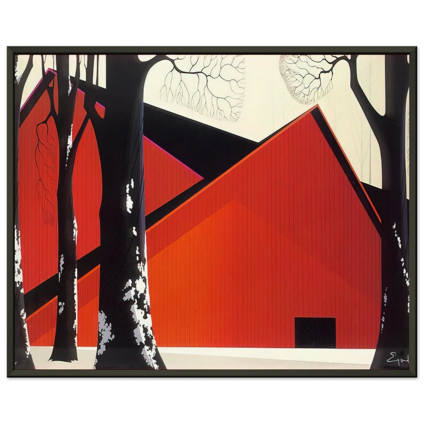 Eyvind Earle The Great Red Barn Framed Art Print - Aluminum Frame - 70x100 cm / 28x40 inches