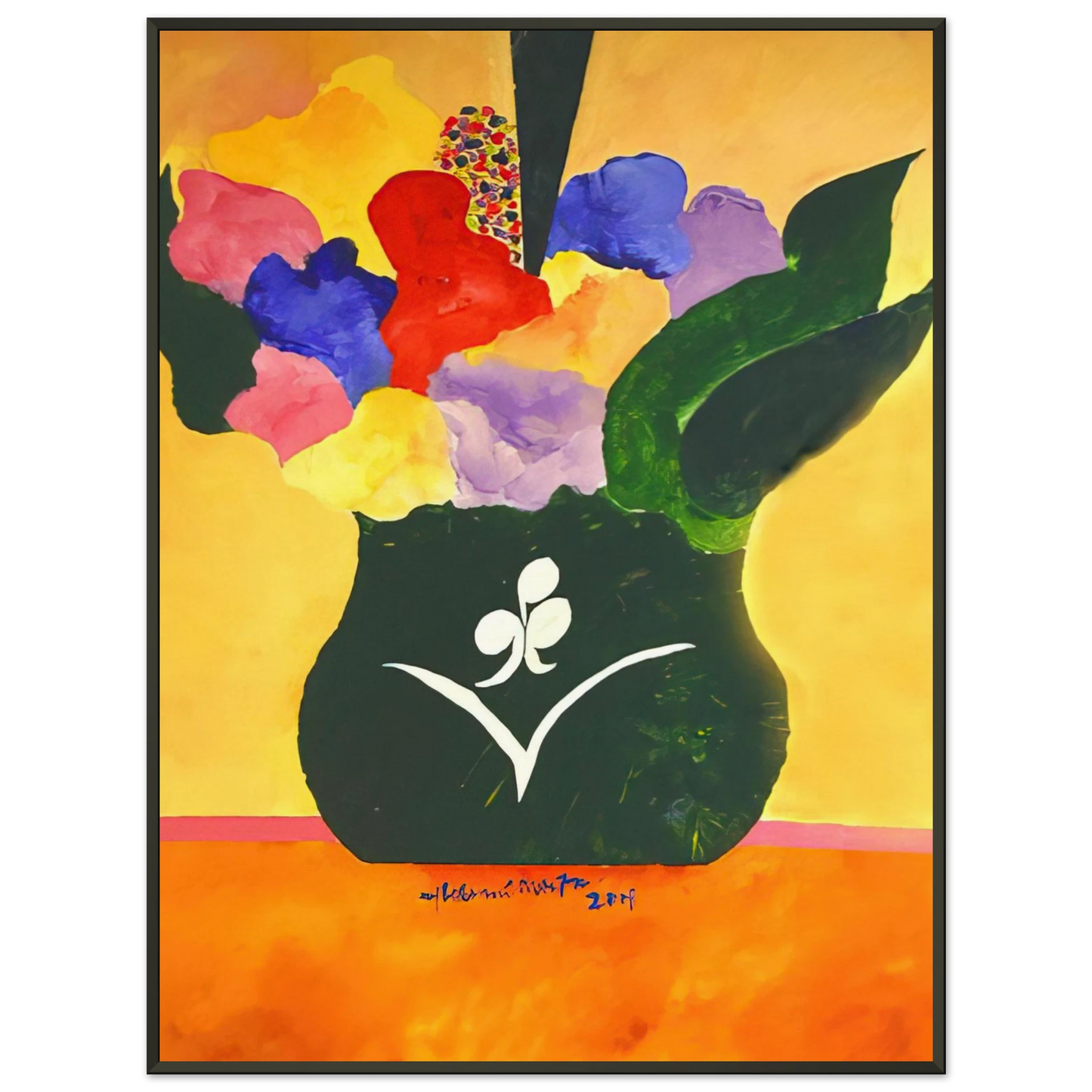 Aldemir Martins Green Vase With Flowers and Fruit 2001 Framed Art Print - Aluminum Frame - 60x80 cm / 24x32 inches