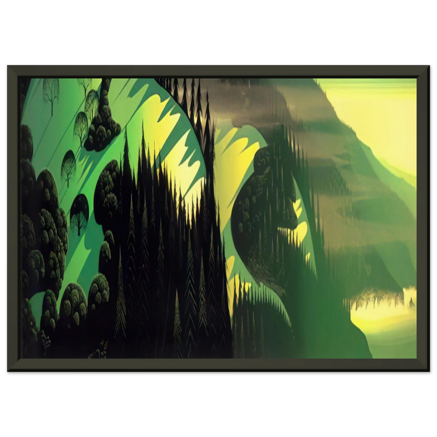 Eyvind Earle Three Pastures by the Sea Framed Art Print - Aluminum Frame - 60x80 cm / 24x32 inches