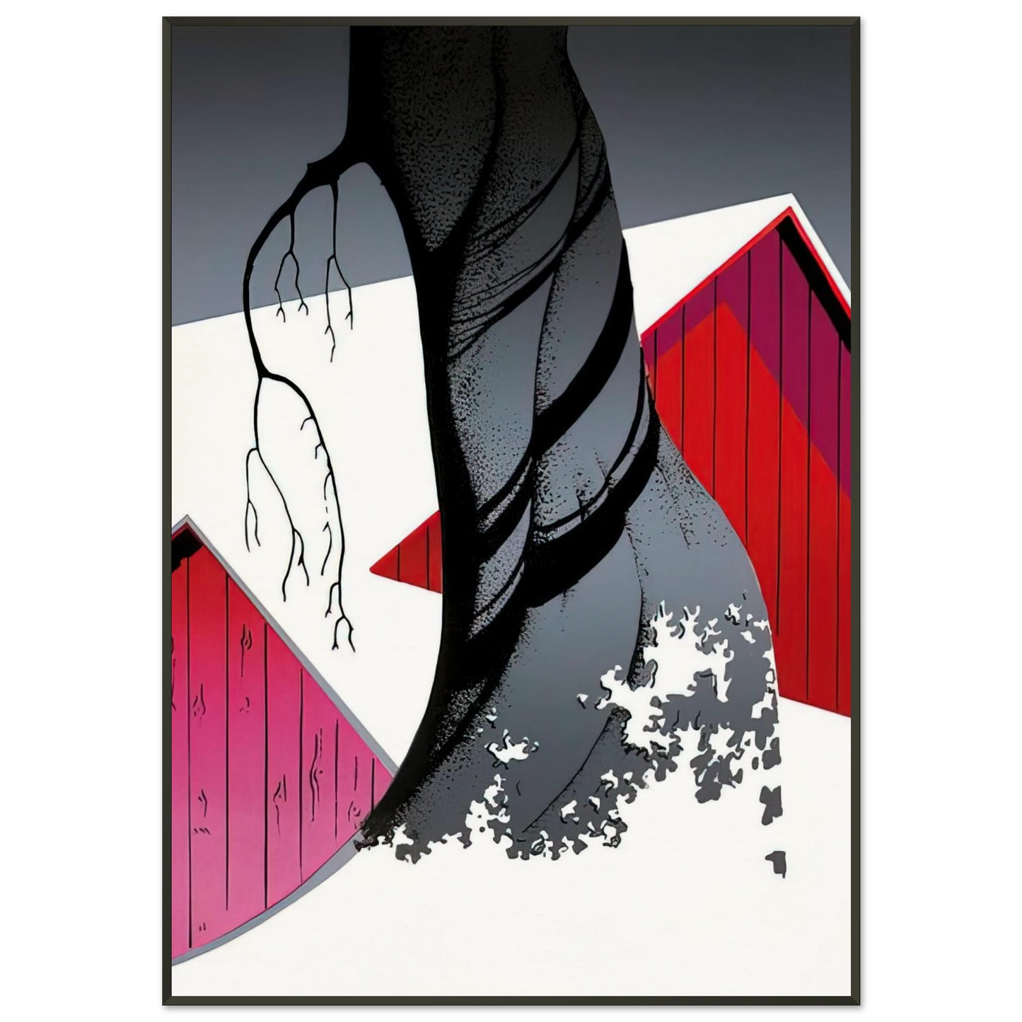Eyvind Earle  Red Barn and Grey Sky Framed Art Print  - Aluminum Frame - 21x29.7 cm / 8x12"