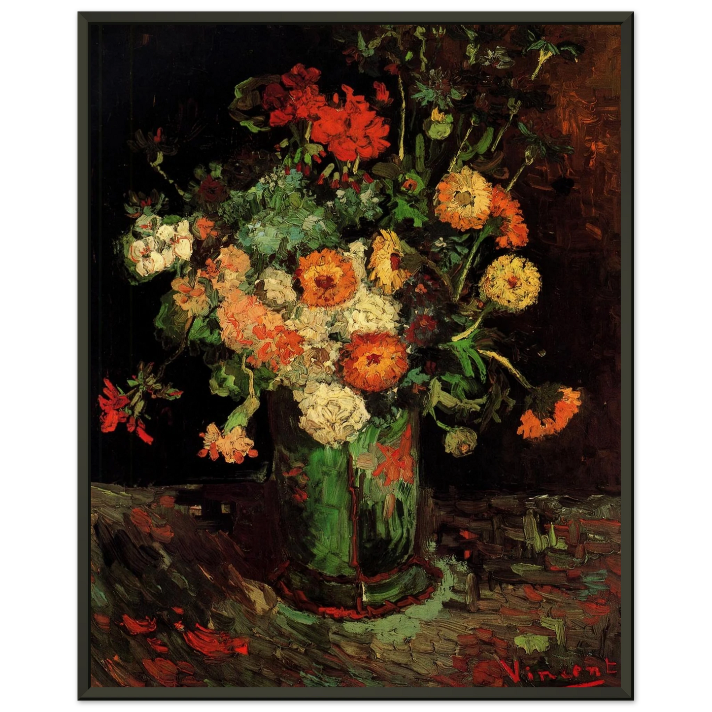 Vincent van Gogh Vase with Zinnias and Geraniums Framed Art Print - Aluminum Frame - 40x50 cm / 16x20 inches
