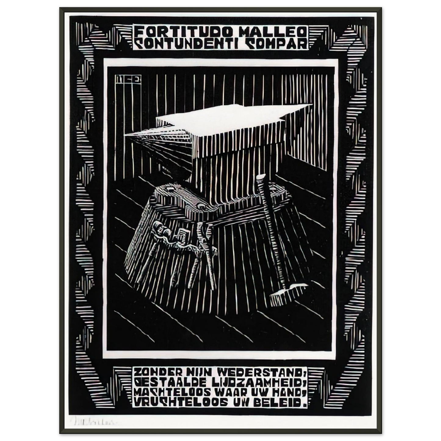MC Escher  EMBLEMATA ANVIL Framed Art Print  - Aluminum Frame - 70x100 cm / 28x40 inches