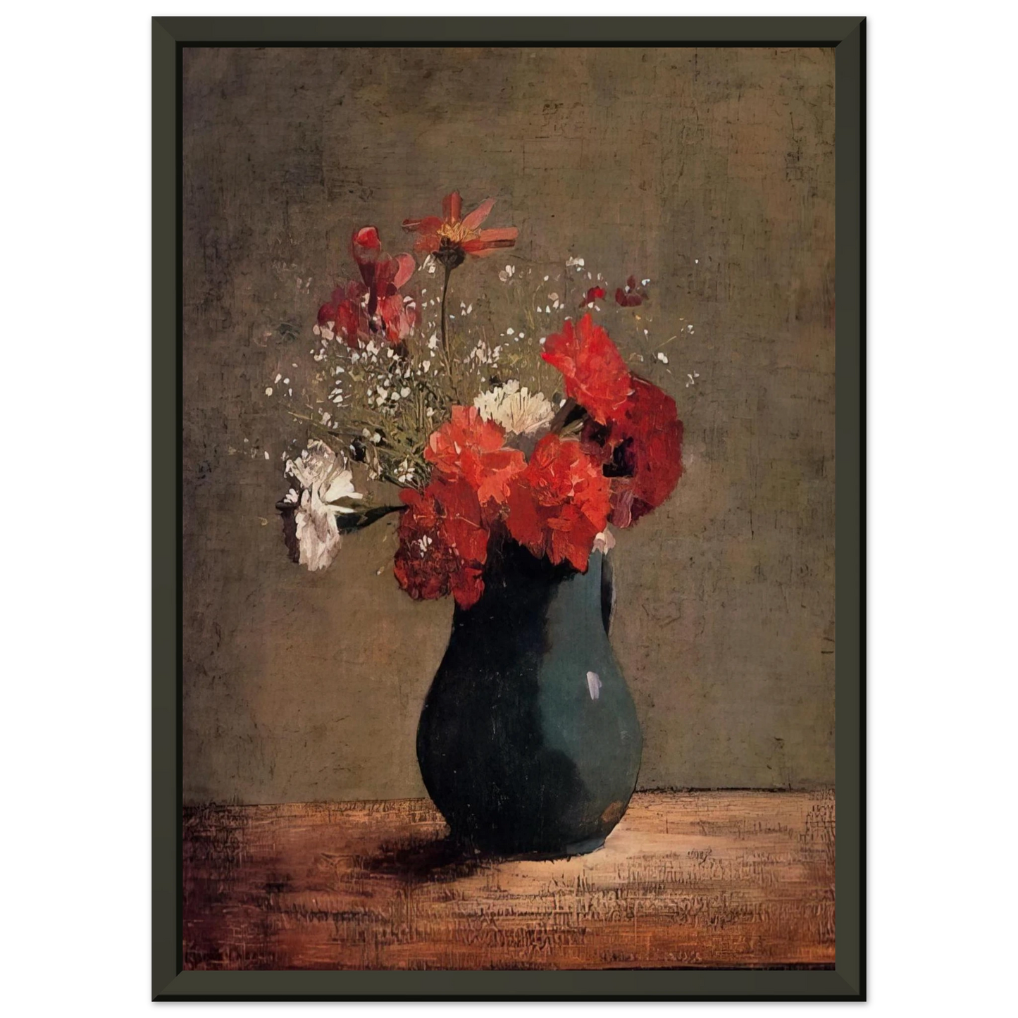 Odilon Redon  CARNATIONS AND BABY S BREATH IN A GREEN PITCHER Framed Art Print  - Aluminum Frame - 70x100 cm / 28x40 inches