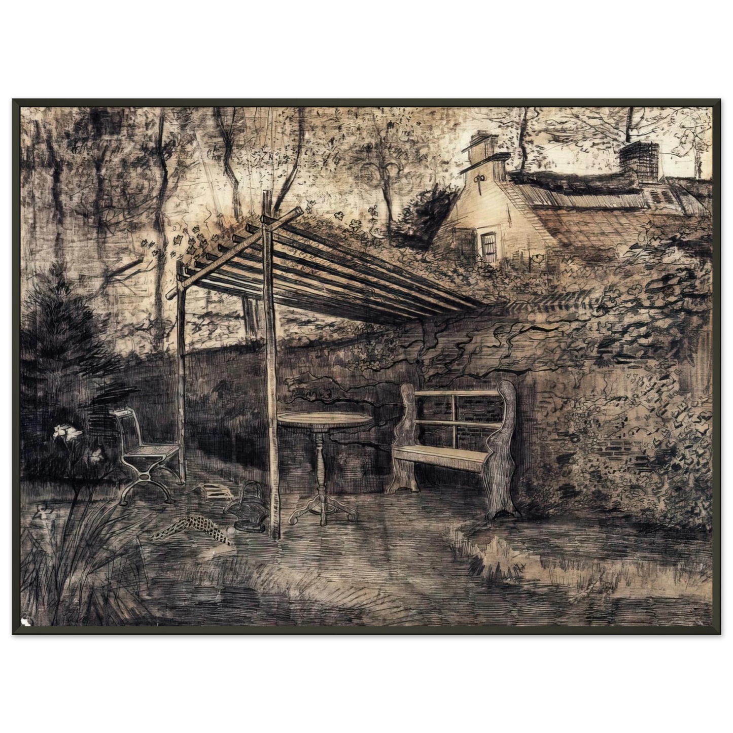 Vincent van Gogh  The Garden of the Parsonage with Arbor Framed Art Print  - Aluminum Frame - 40x50 cm / 16x20 inches