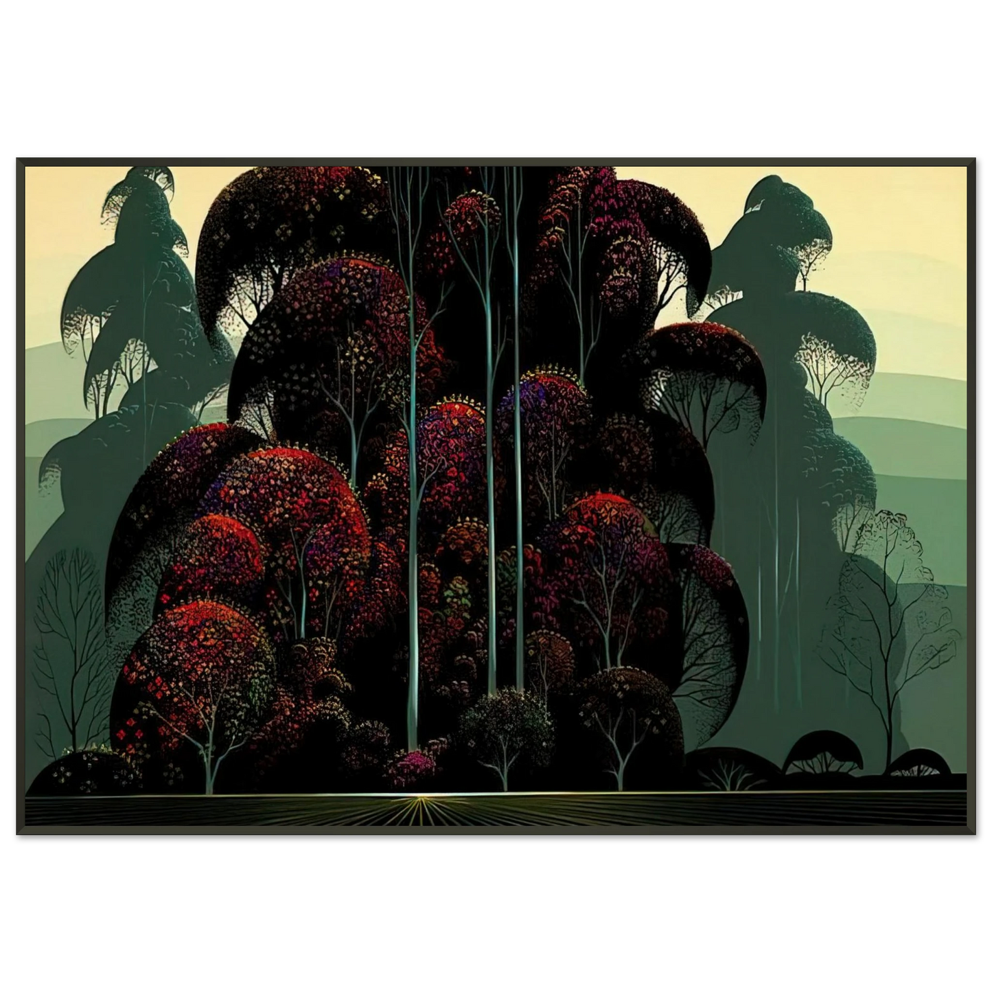Eyvind Earle Crimson Autumn Framed Art Print - Aluminum Frame - 21x29.7 cm / 8x12"