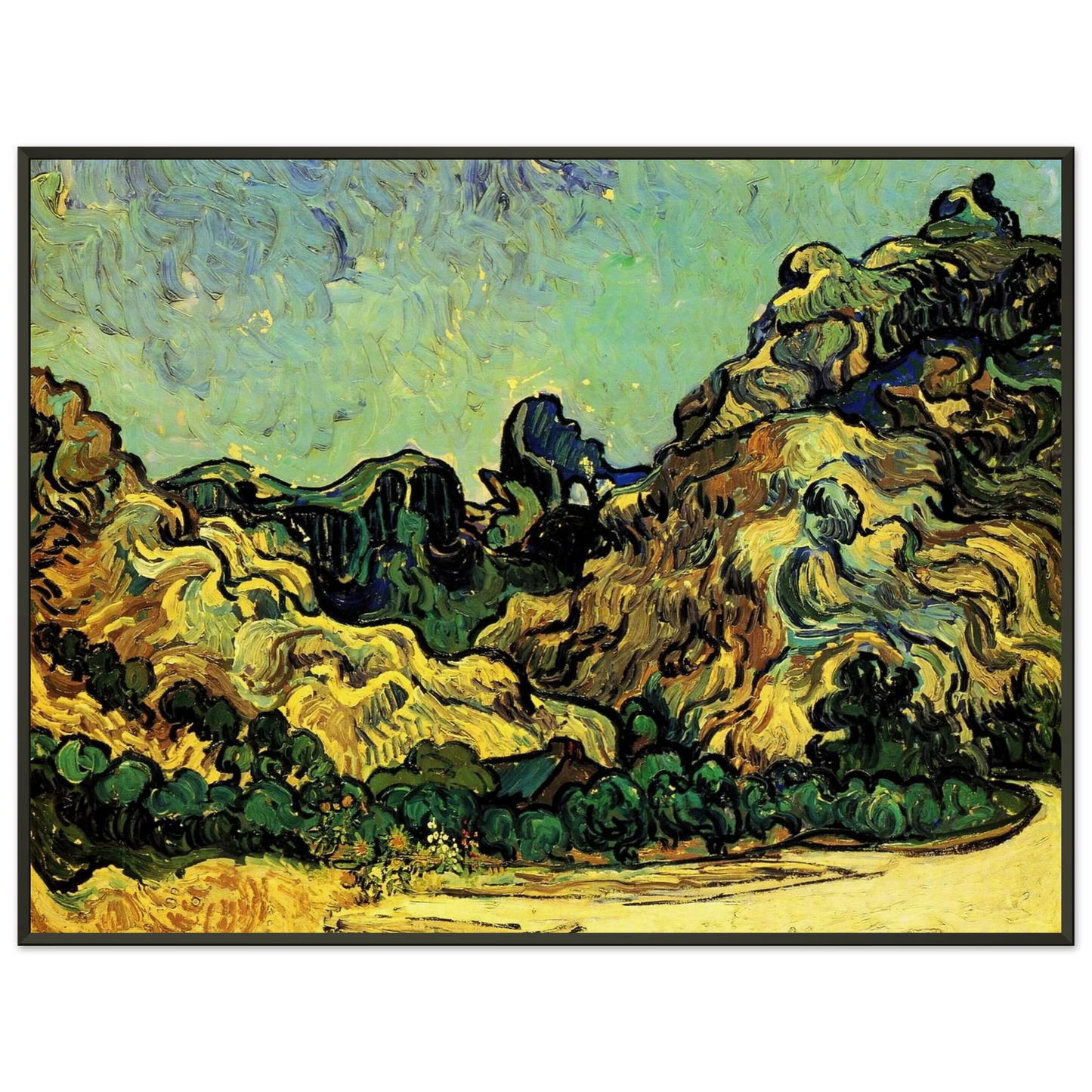 Vincent van Gogh  Mountains at SaintRemy with Dark Cottage Framed Art Print  - Aluminum Frame - 40x50 cm / 16x20 inches