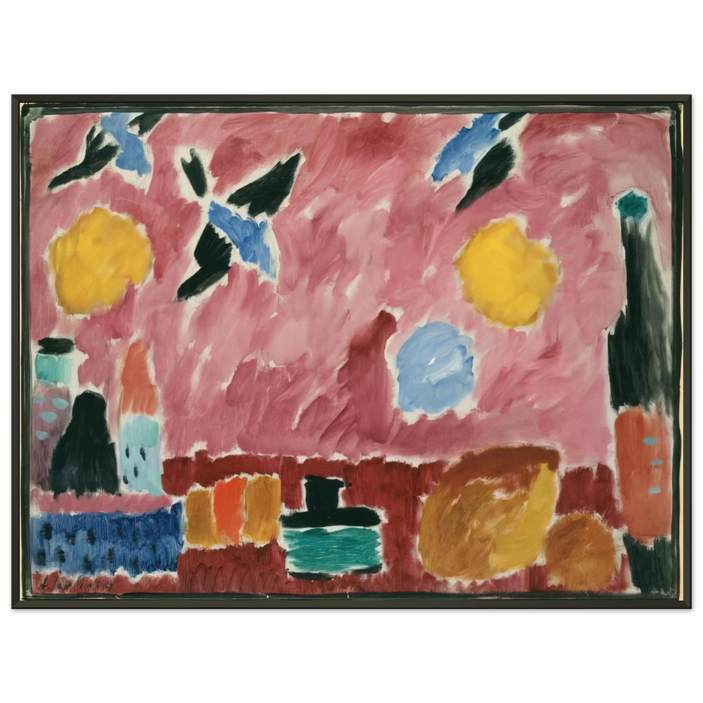 Alexej von Jawlensky STILL LIFE WITH BOTTLE BREAD AND RED WALLPAPER WITH SWALLOWS 1915 Framed Art Print - Aluminum Frame - 40x50 cm / 16x20 inches