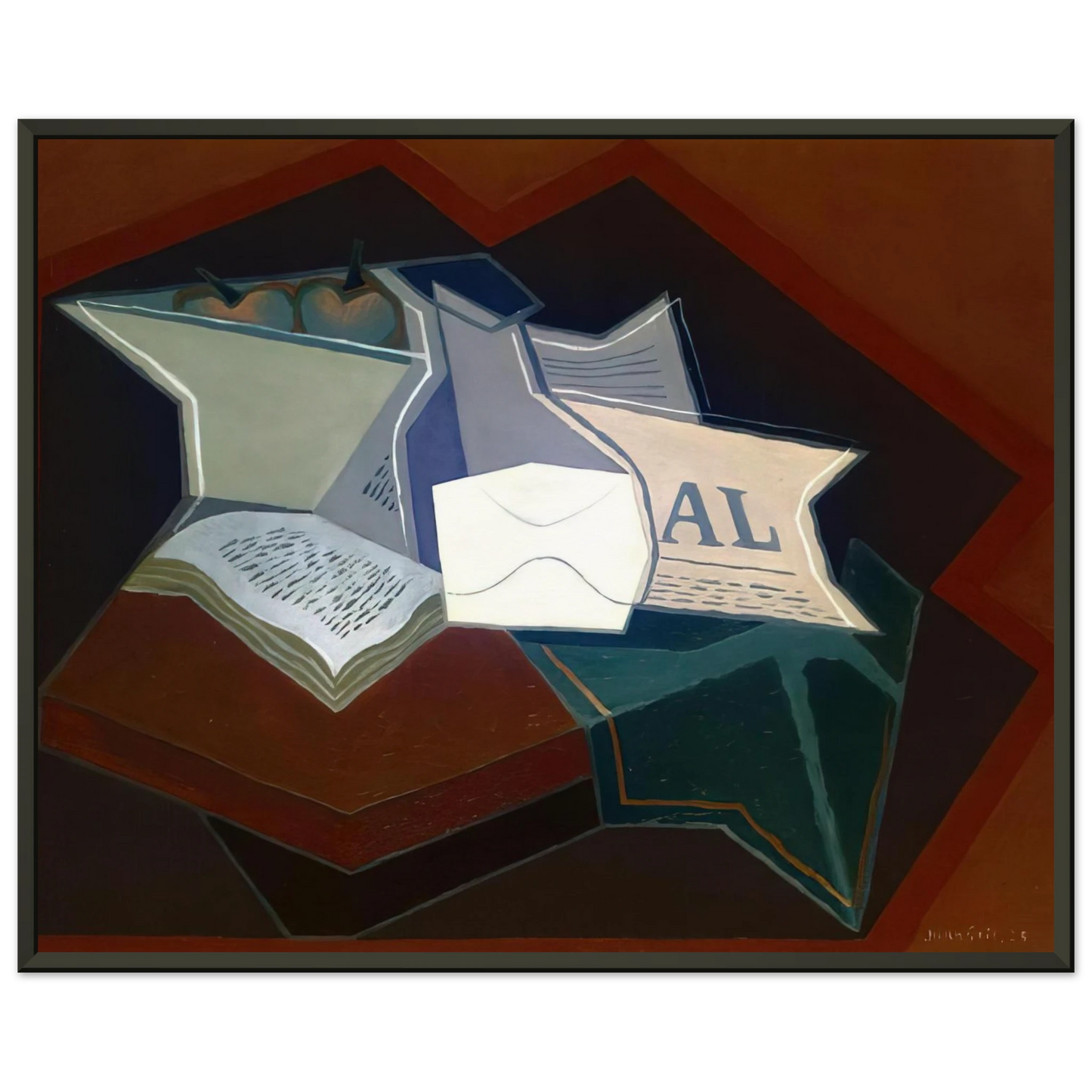 Juan Gris  COMPOTIER CARAFE AND OPEN BOOK Framed Art Print  - Aluminum Frame - 70x100 cm / 28x40 inches