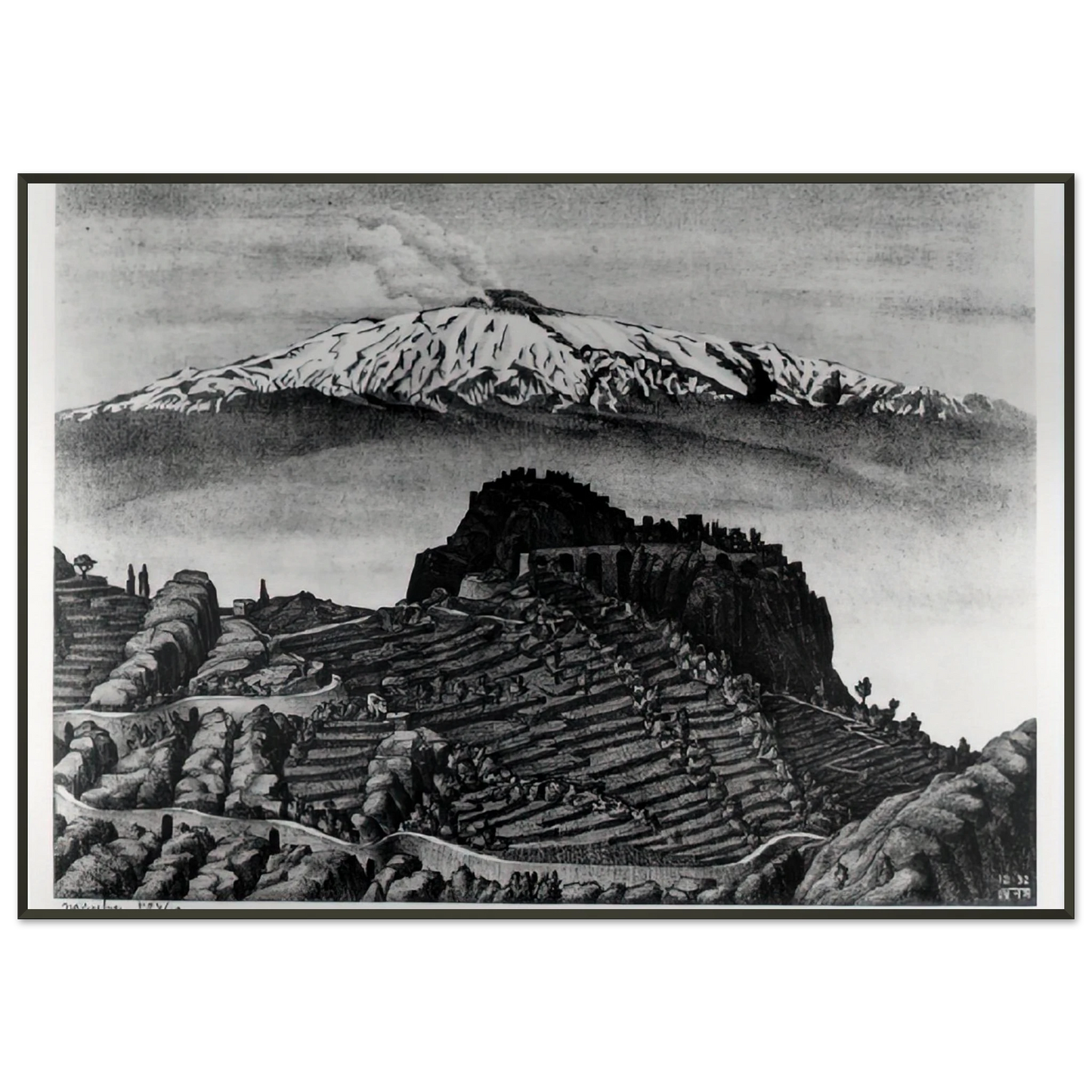 MC Escher  CASTEL MOLA AND MOUNT ETNA SICILY DECEMBER 1932 1932 Framed Art Print  - Aluminum Frame - 21x29.7 cm / 8x12"