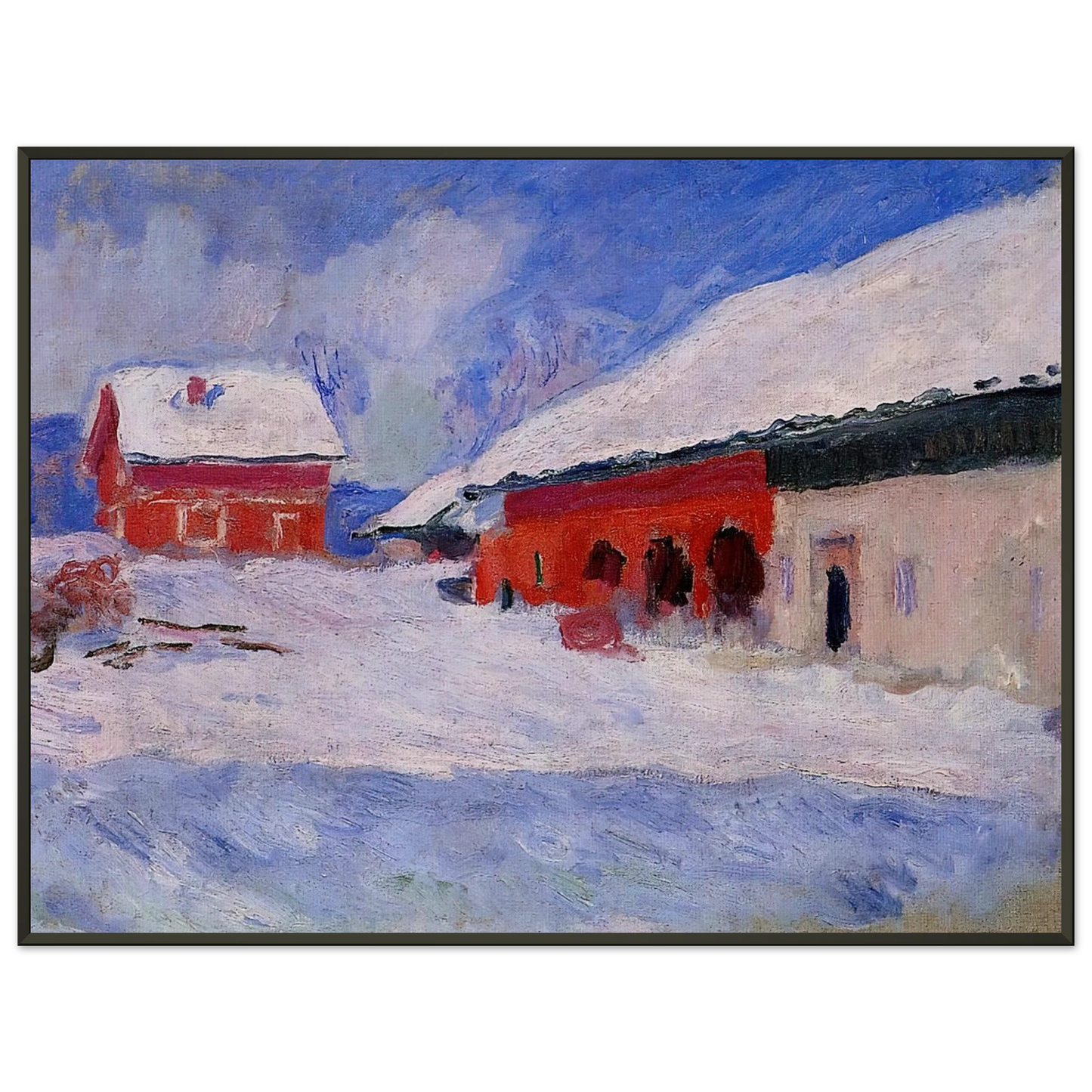 claude monet  Red Houses at Bjornegaard in the Snow Norway Framed Art Print  - Aluminum Frame - 40x50 cm / 16x20 inches