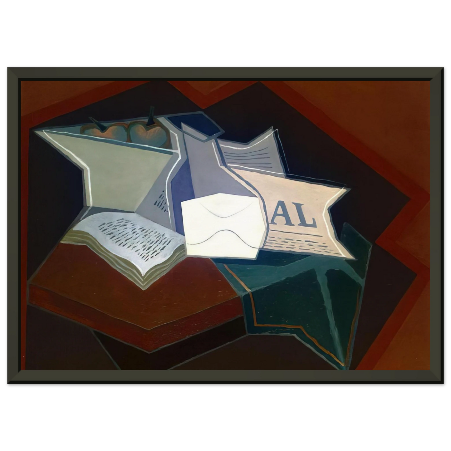 Juan Gris  COMPOTIER CARAFE AND OPEN BOOK Framed Art Print  - Aluminum Frame - 40x50 cm / 16x20 inches