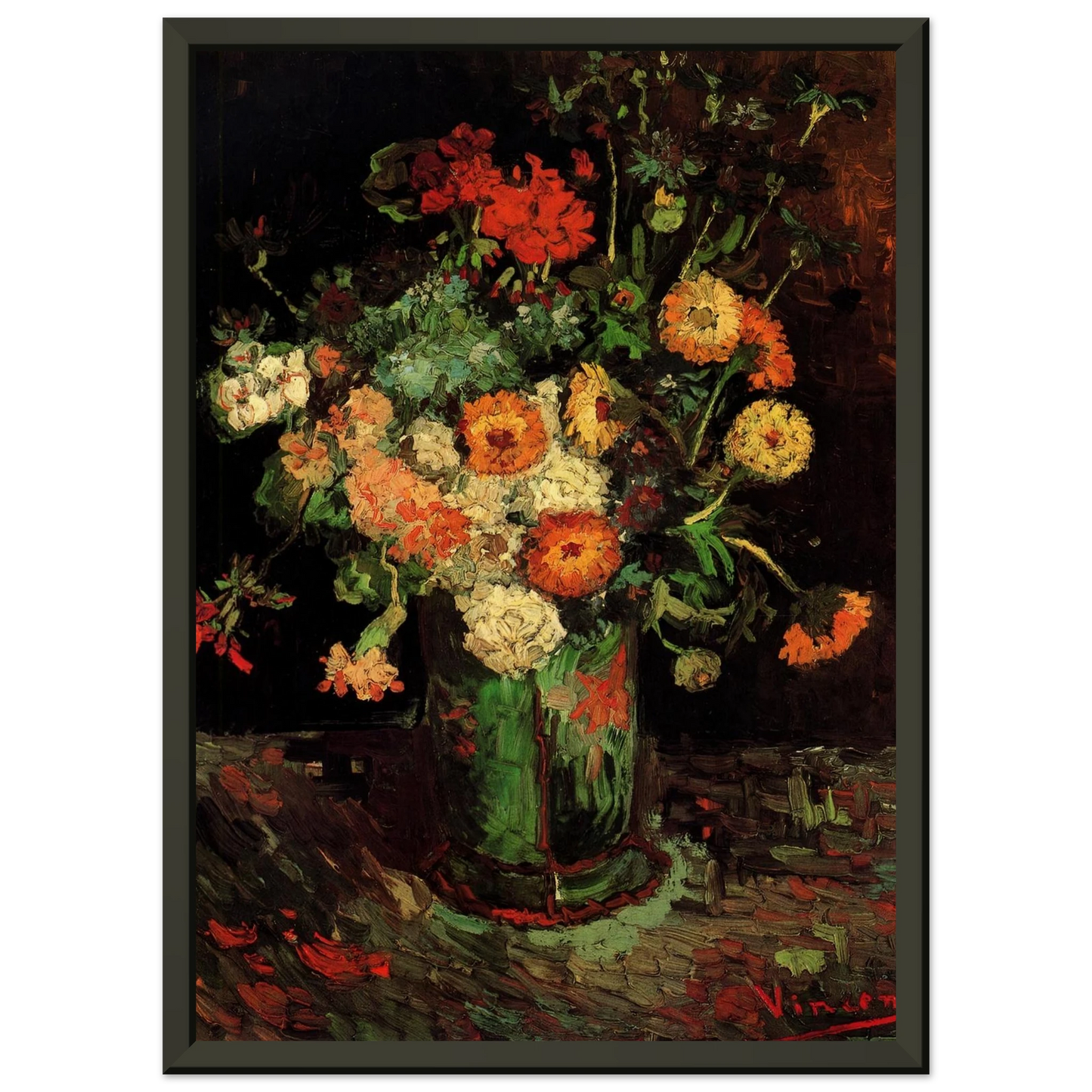 Vincent van Gogh Vase with Zinnias and Geraniums Framed Art Print - Aluminum Frame - 70x100 cm / 28x40 inches