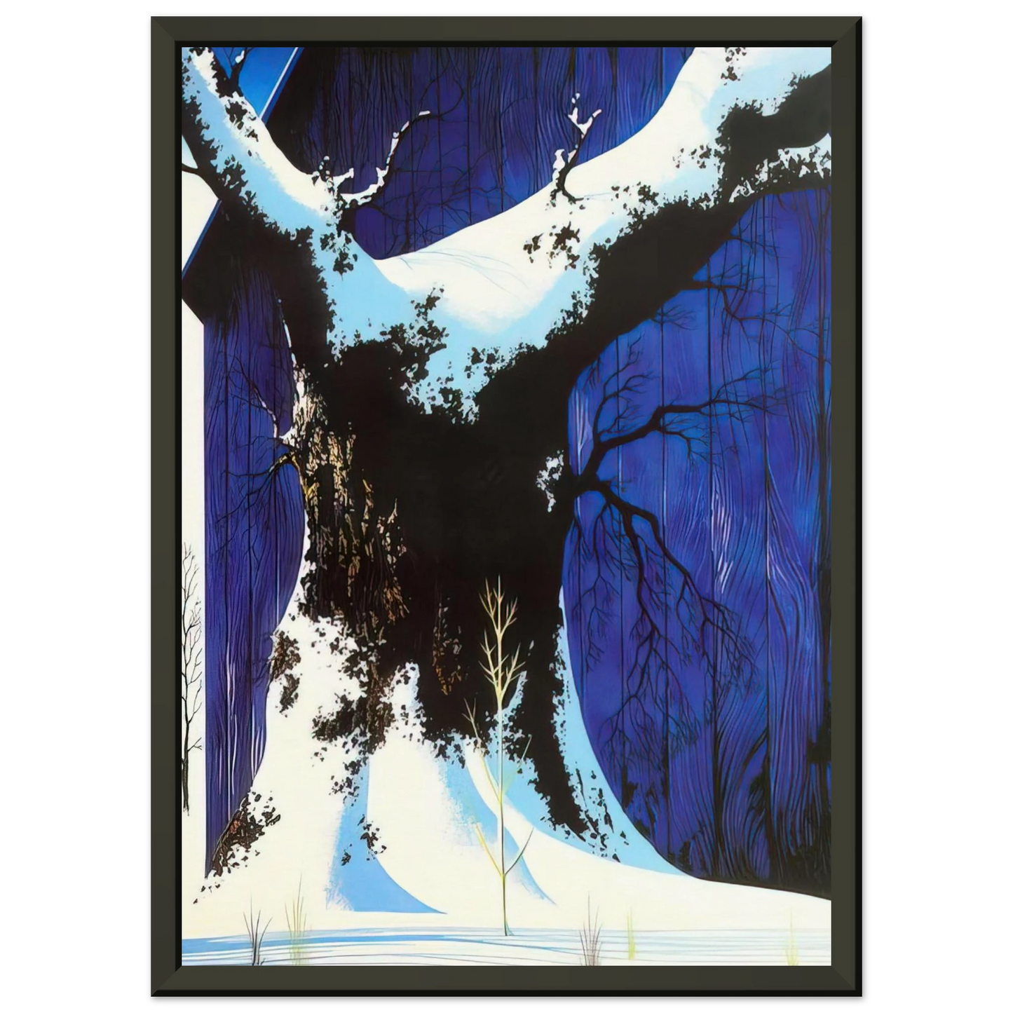 Eyvind Earle Blue Barn and Snow Framed Art Print - Aluminum Frame - 60x80 cm / 24x32 inches