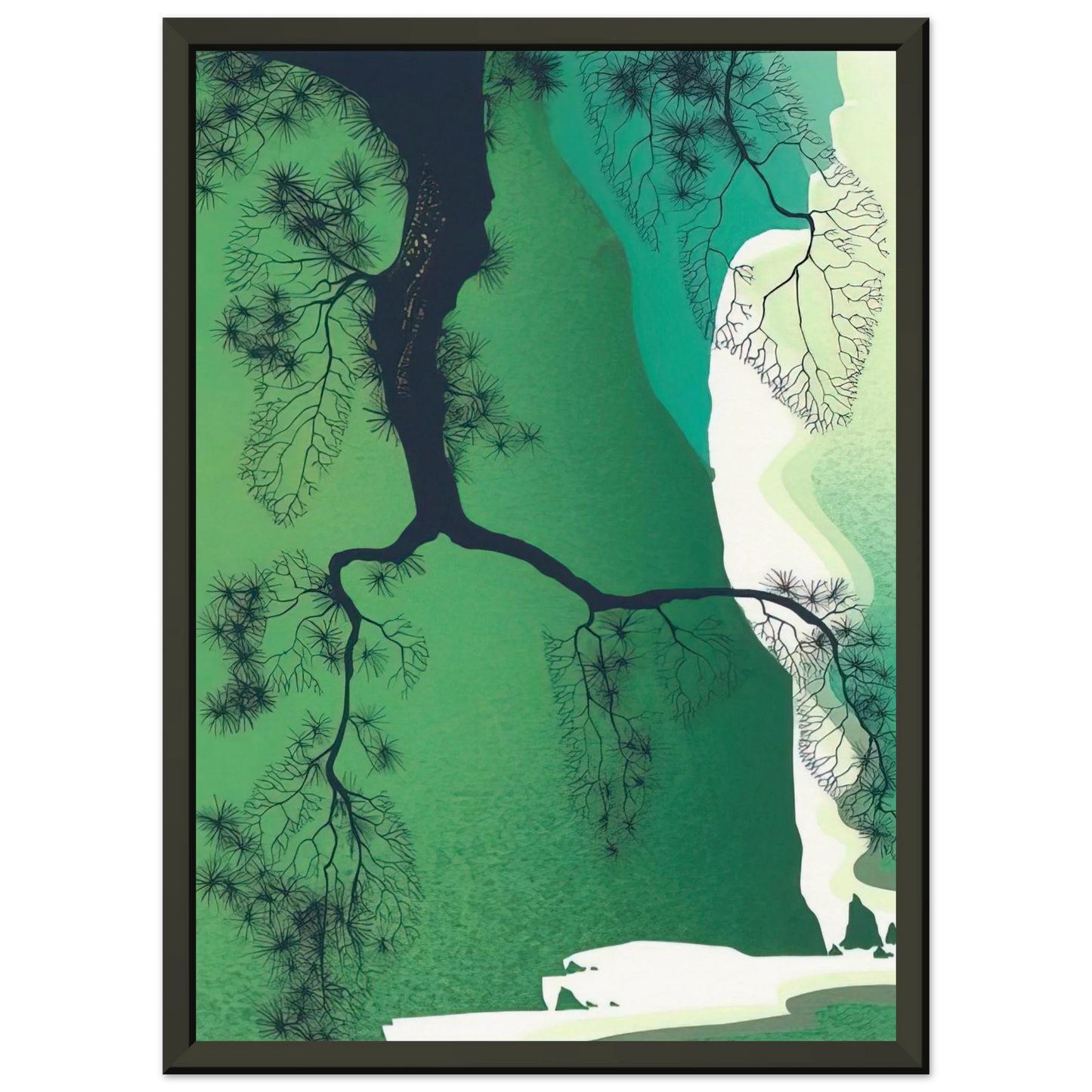 Eyvind Earle  Sea Cliffs and Pine Branch Framed Art Print  - Aluminum Frame - 40x50 cm / 16x20 inches
