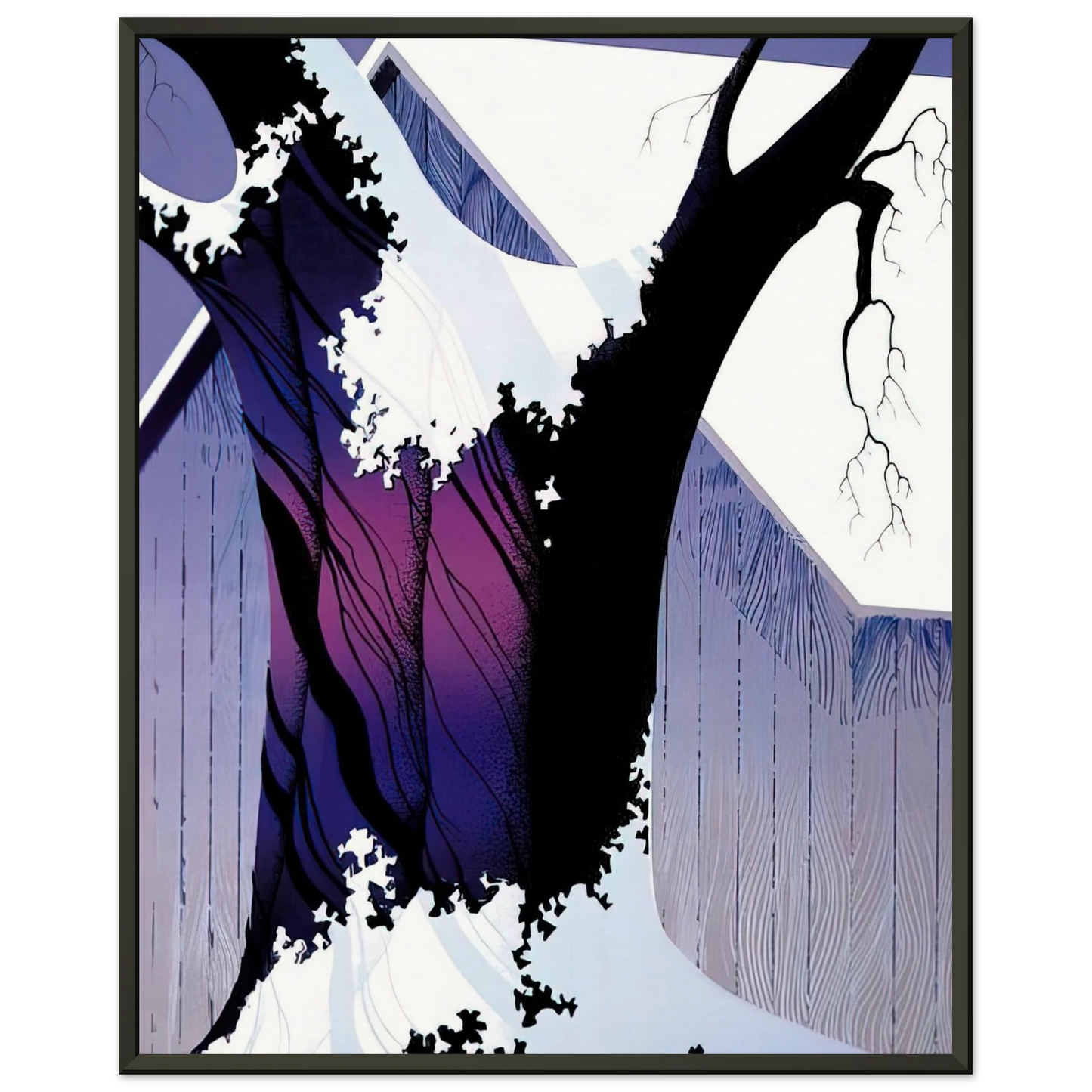 Eyvind Earle Violet Tree and Barn Framed Art Print - Aluminum Frame - 60x80 cm / 24x32 inches