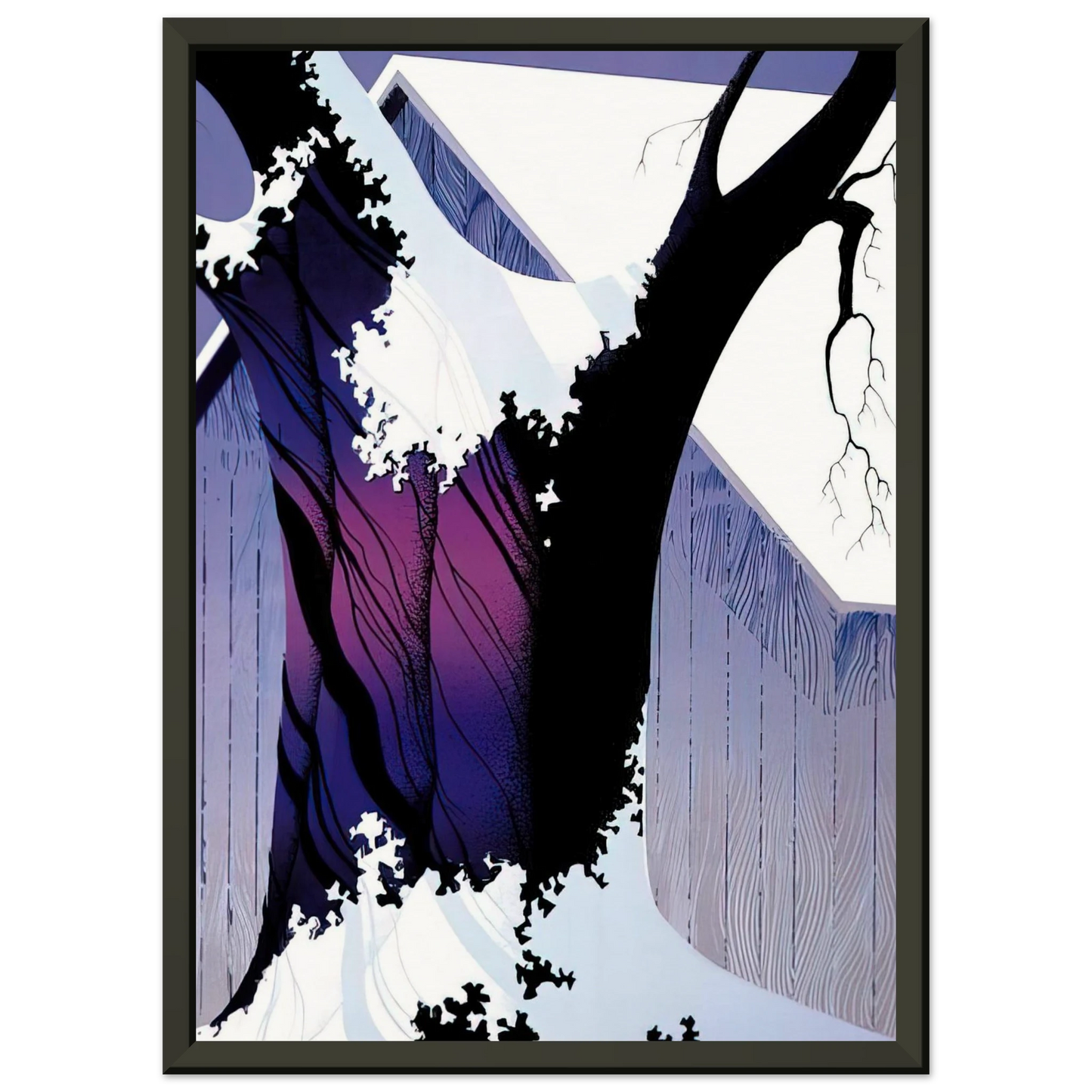 Eyvind Earle Violet Tree and Barn Framed Art Print - Aluminum Frame - 40x50 cm / 16x20 inches