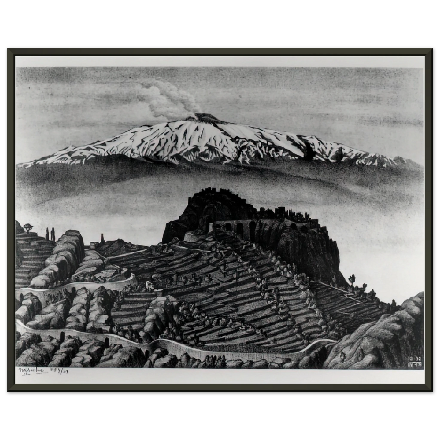 MC Escher  CASTEL MOLA AND MOUNT ETNA SICILY DECEMBER 1932 1932 Framed Art Print  - Aluminum Frame - 70x100 cm / 28x40 inches