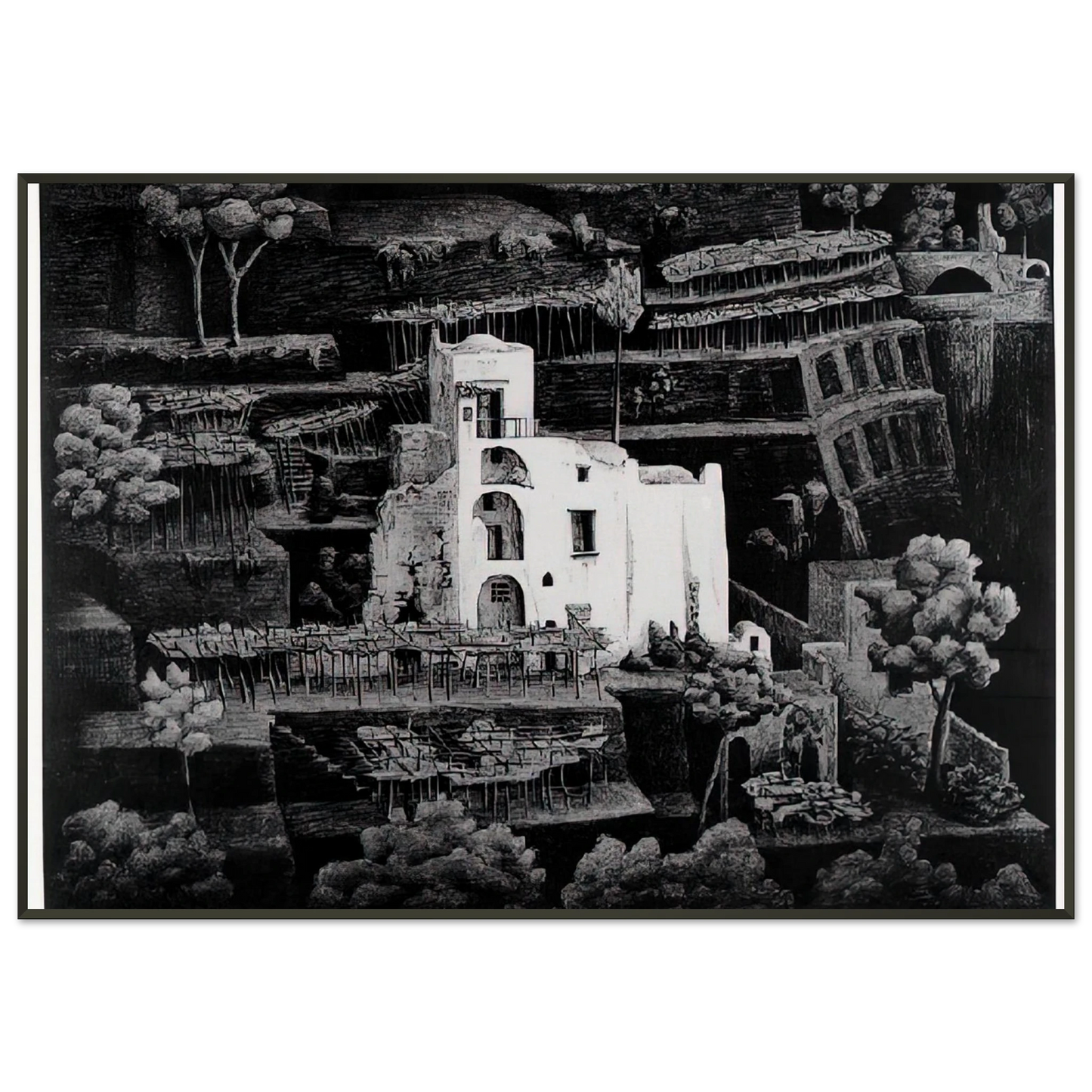 MC Escher  FARMHOUSE RAVELLO Framed Art Print  - Aluminum Frame - 21x29.7 cm / 8x12"