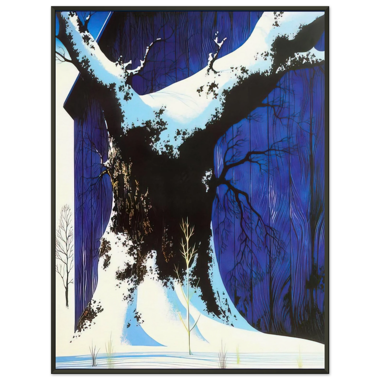 Eyvind Earle Blue Barn and Snow Framed Art Print - Aluminum Frame - 70x100 cm / 28x40 inches