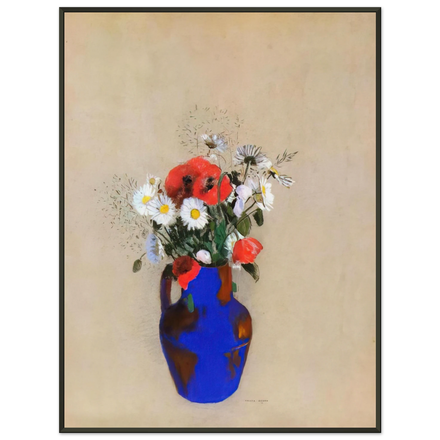 Odilon Redon  POPPIES AND DAISIES IN A BLUE VASE Framed Art Print  - Aluminum Frame - 60x80 cm / 24x32 inches