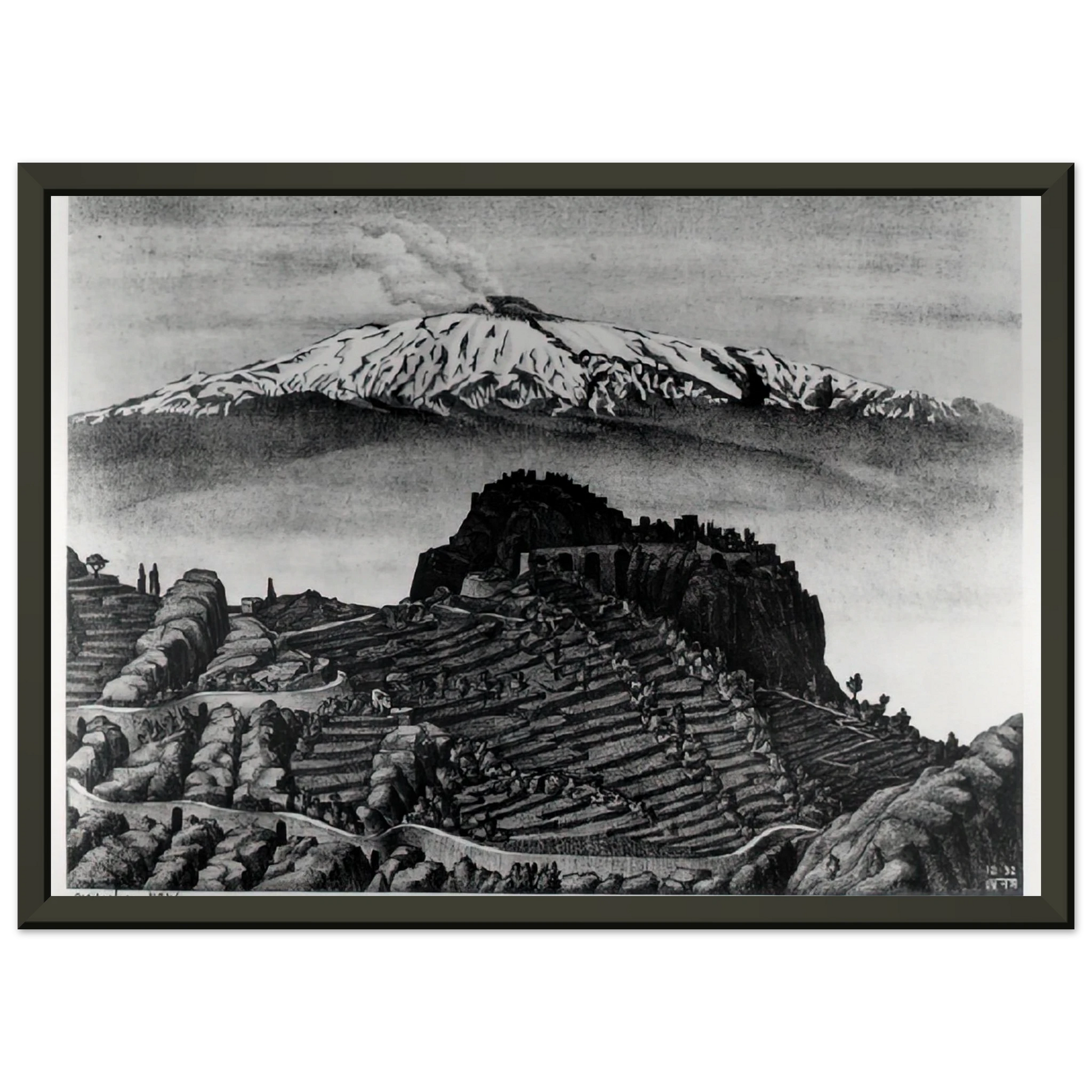 MC Escher  CASTEL MOLA AND MOUNT ETNA SICILY DECEMBER 1932 1932 Framed Art Print  - Aluminum Frame - 60x80 cm / 24x32 inches