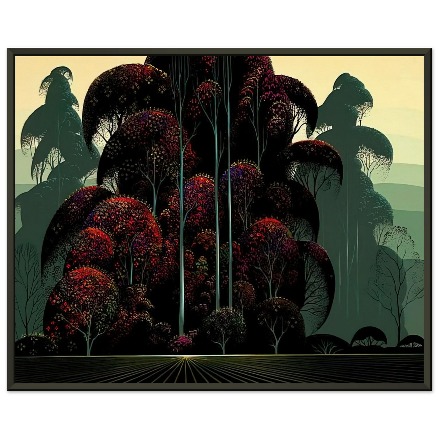 Eyvind Earle Crimson Autumn Framed Art Print - Aluminum Frame - 60x80 cm / 24x32 inches