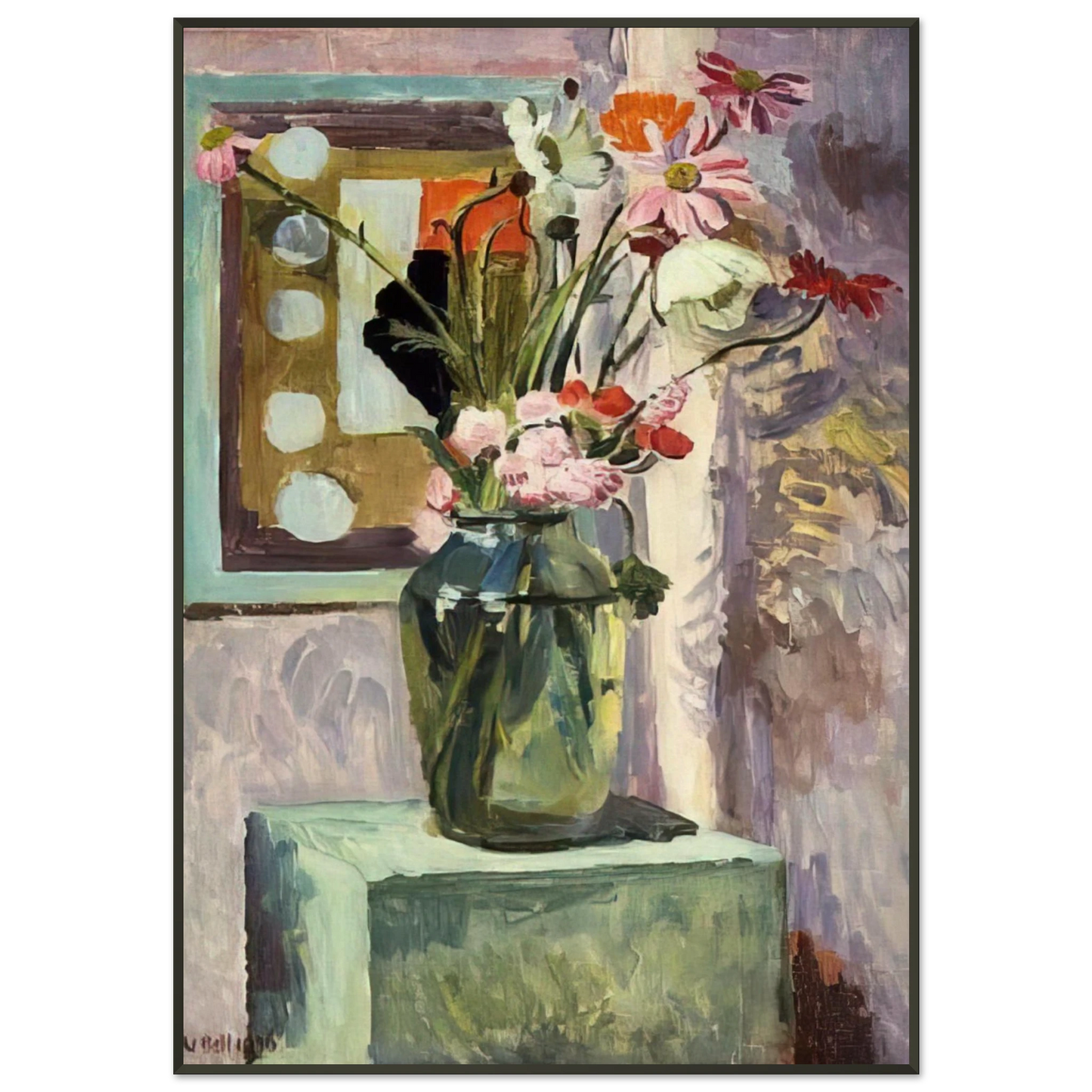 Vanessa Bell FLOWERS IN A GLASS VASE WITH ABSTRACT NEEDLEWORK DESIGN Framed Art Print - Aluminum Frame - 21x29.7 cm / 8x12"