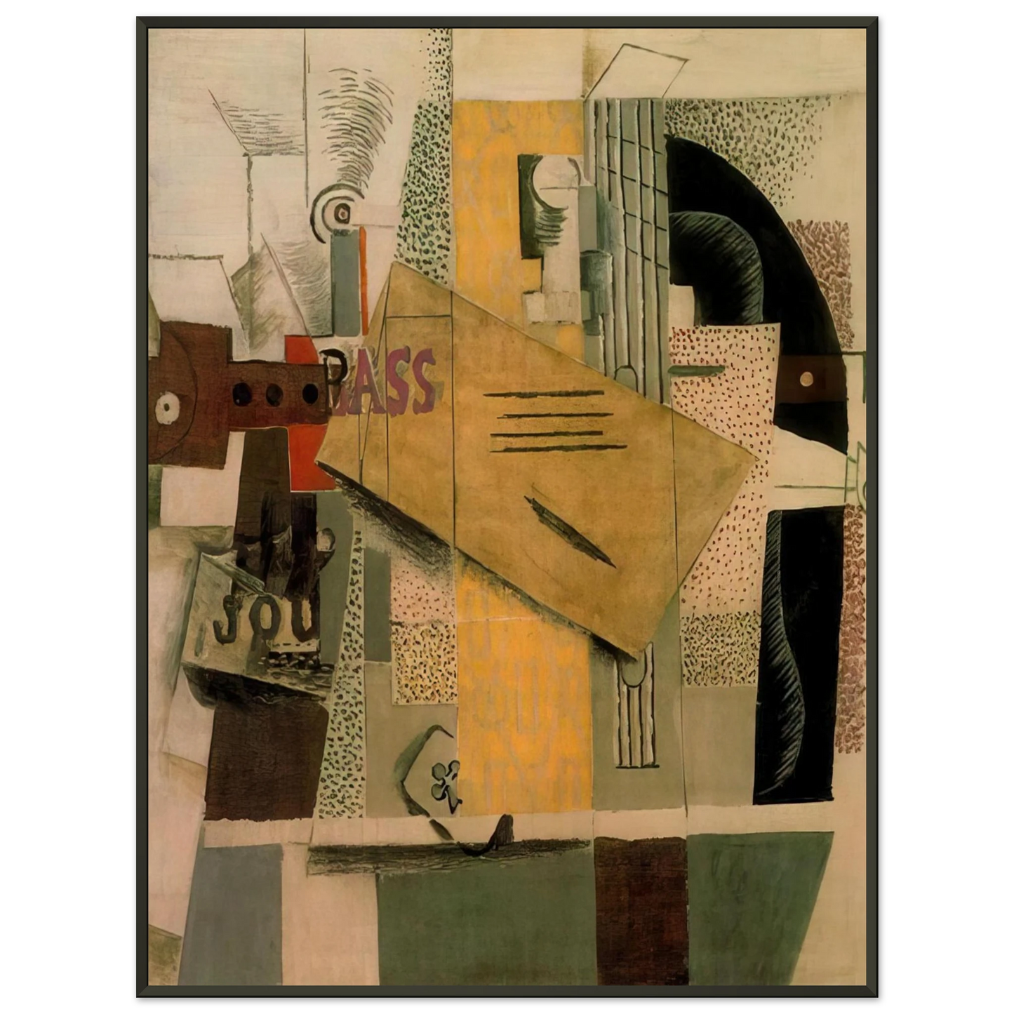 Pablo Picasso Clarinet bottle of bass newspaper ace of clubs 1913 Framed Art Print - Aluminum Frame - 40x50 cm / 16x20 inches