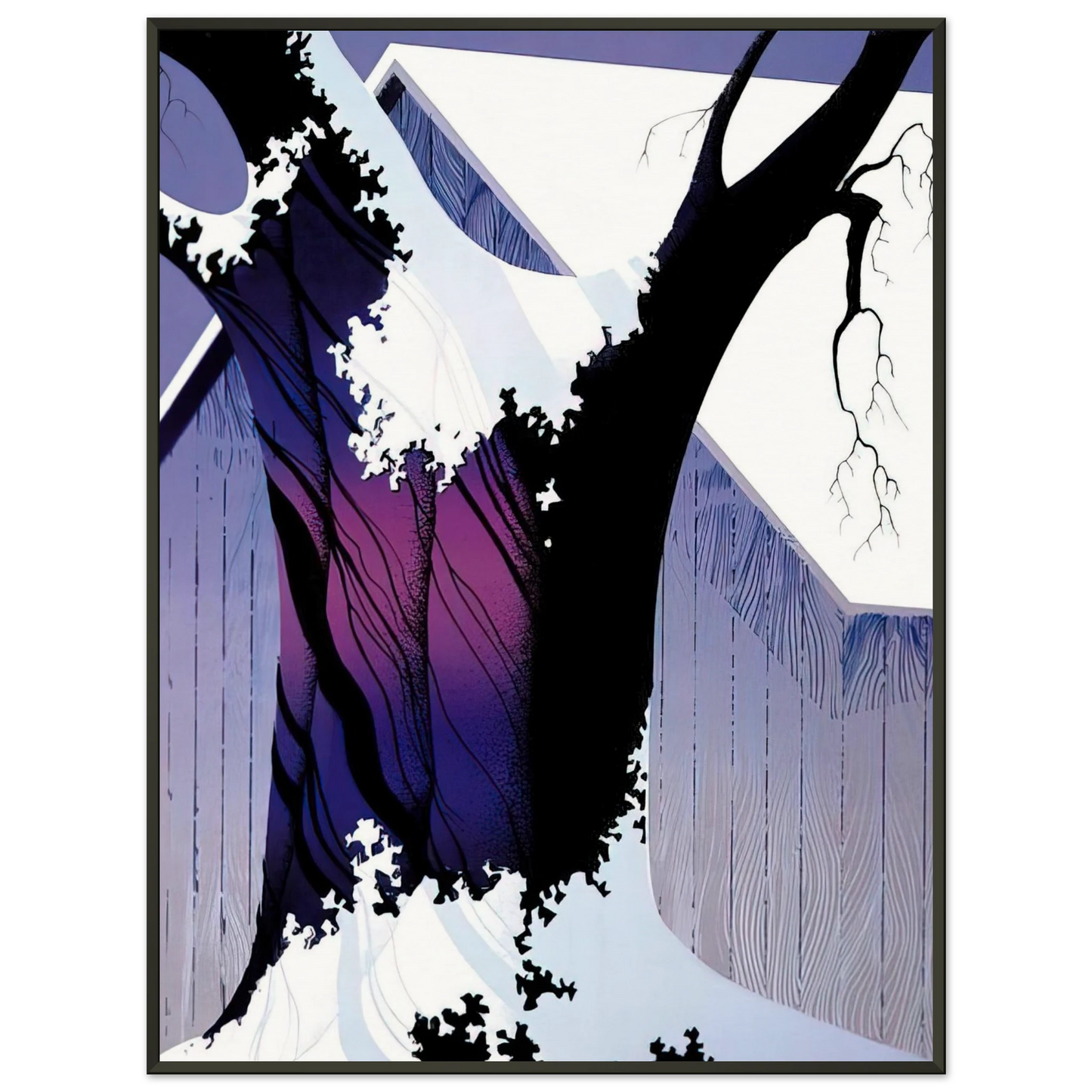 Eyvind Earle Violet Tree and Barn Framed Art Print - Aluminum Frame - 70x100 cm / 28x40 inches