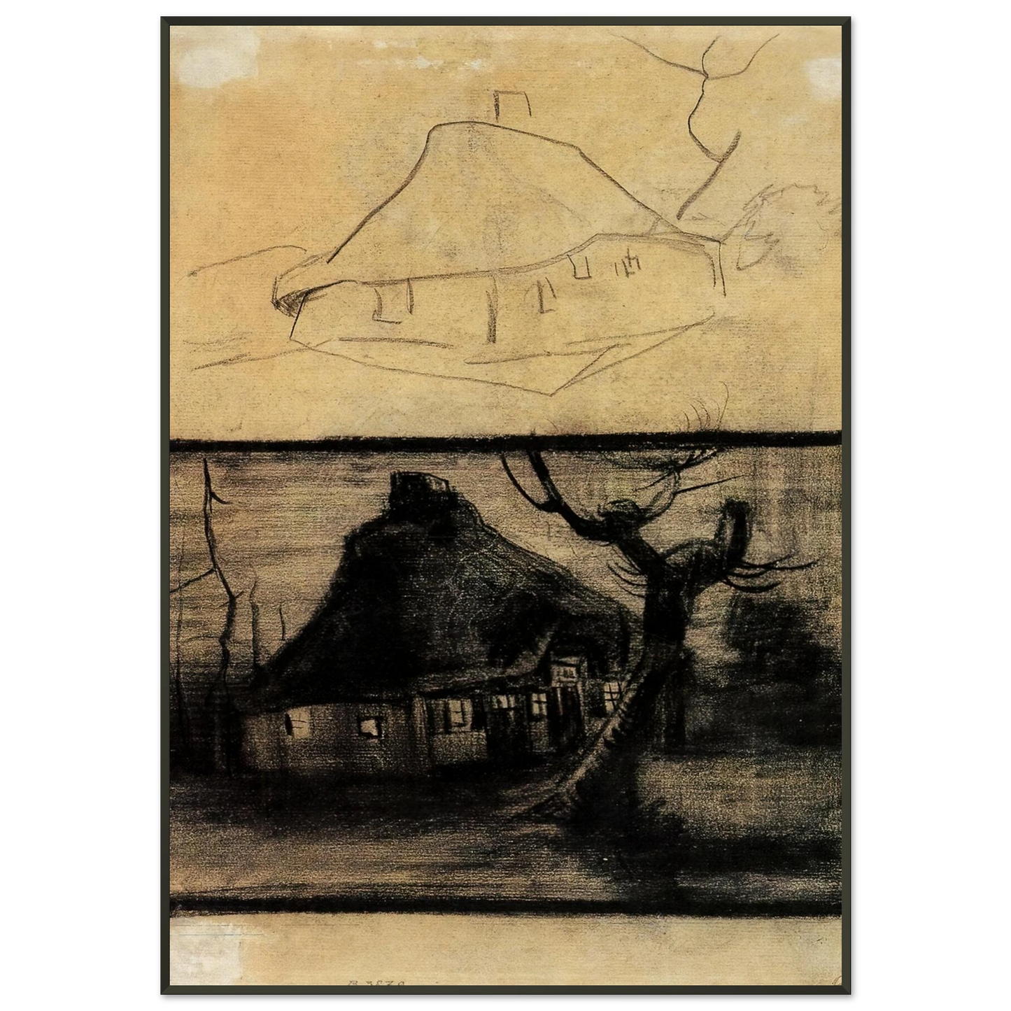 Vincent van Gogh Two Studies of a Cottage Framed Art Print - Aluminum Frame - 21x29.7 cm / 8x12"