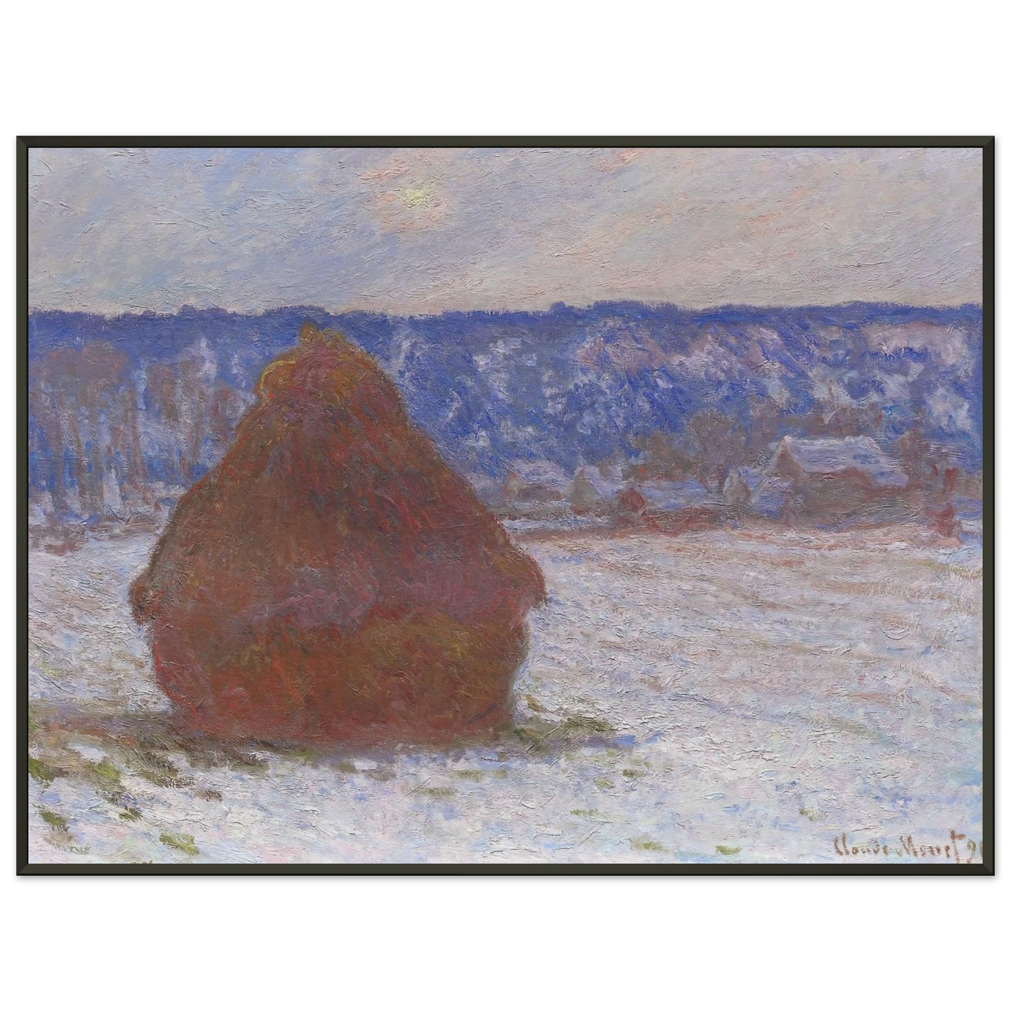 claude monet  Stack of Wheat Snow Effect Overcast Day Framed Art Print  - Aluminum Frame - 70x100 cm / 28x40 inches