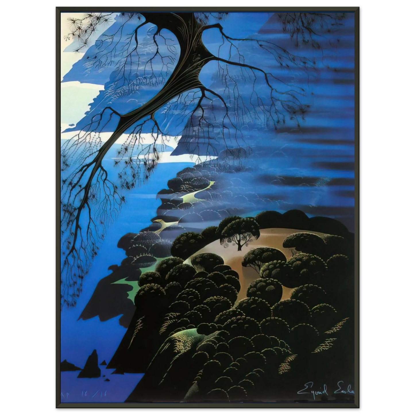 Eyvind Earle  Mystical Coastline Framed Art Print  - Aluminum Frame - 70x100 cm / 28x40 inches