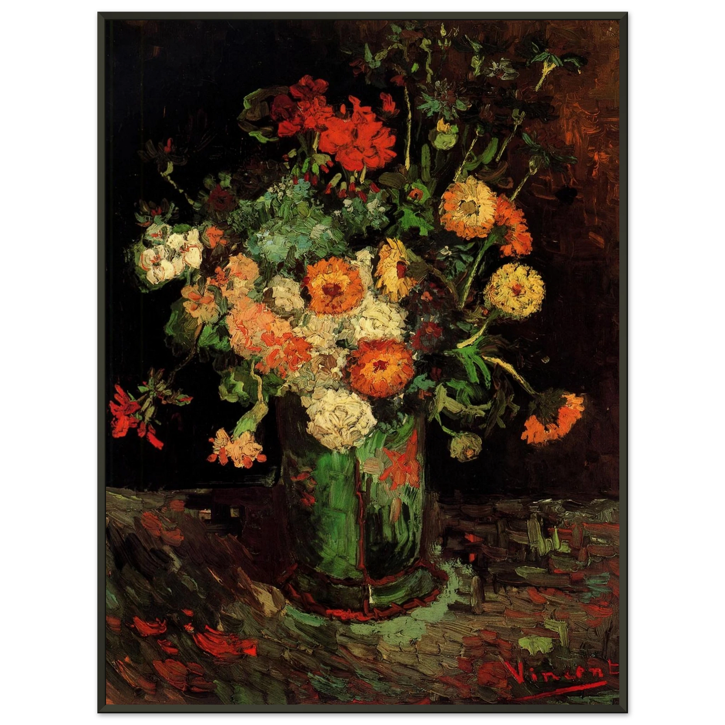 Vincent van Gogh Vase with Zinnias and Geraniums Framed Art Print - Aluminum Frame - 60x80 cm / 24x32 inches