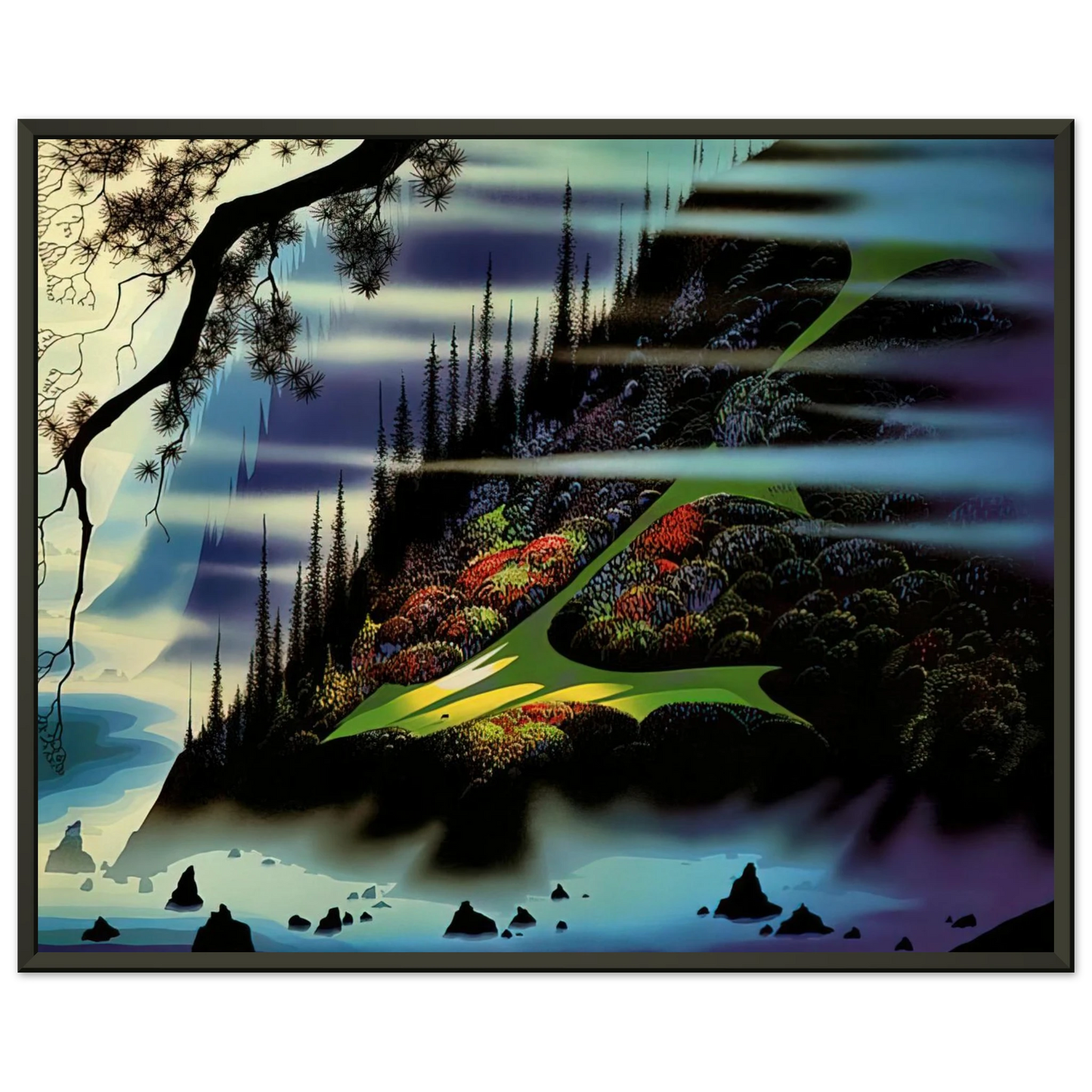 Eyvind Earle Pasture Through the Fog Framed Art Print - Aluminum Frame - 60x80 cm / 24x32 inches