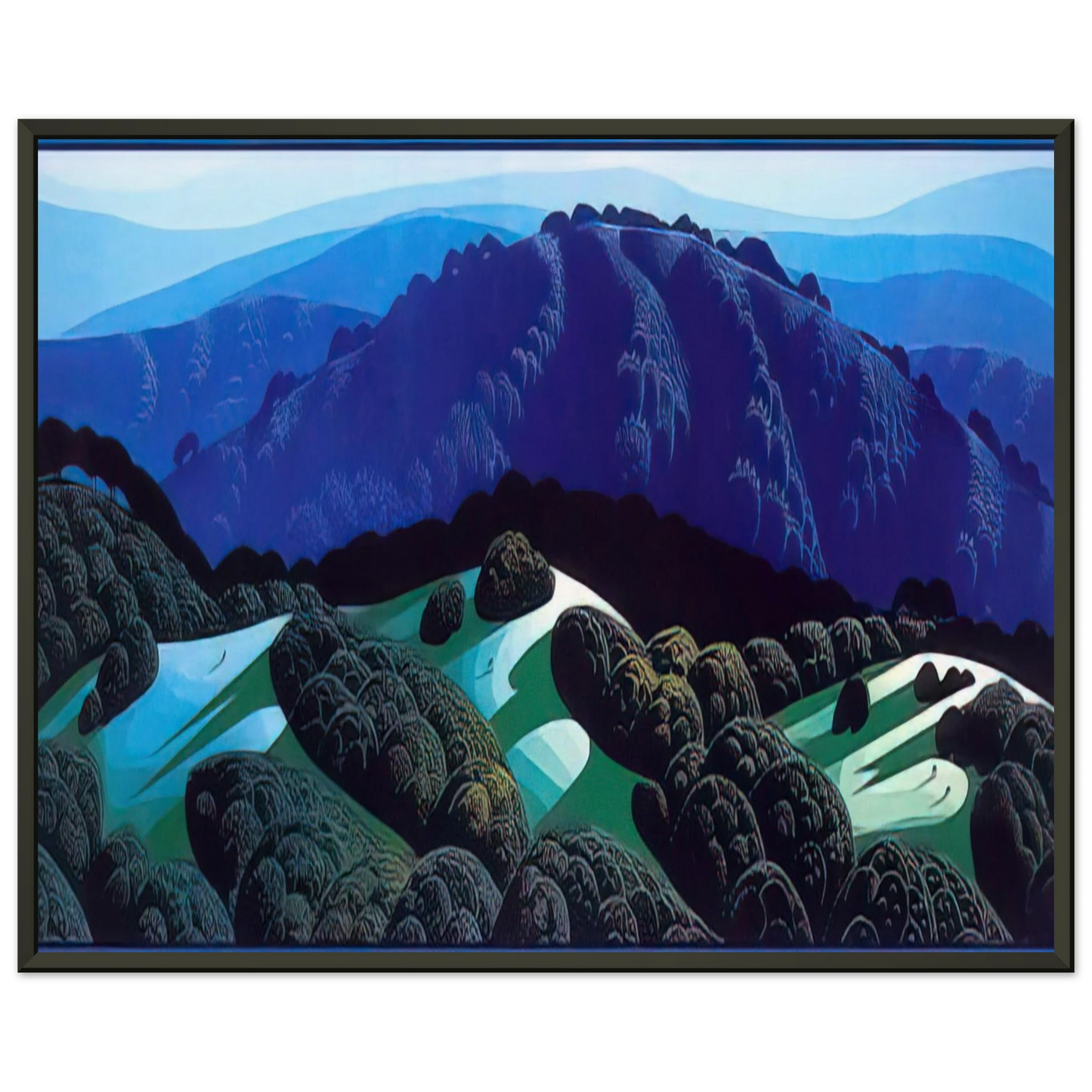 Eyvind Earle Three Fields and a Mountain Framed Art Print - Aluminum Frame - 70x100 cm / 28x40 inches