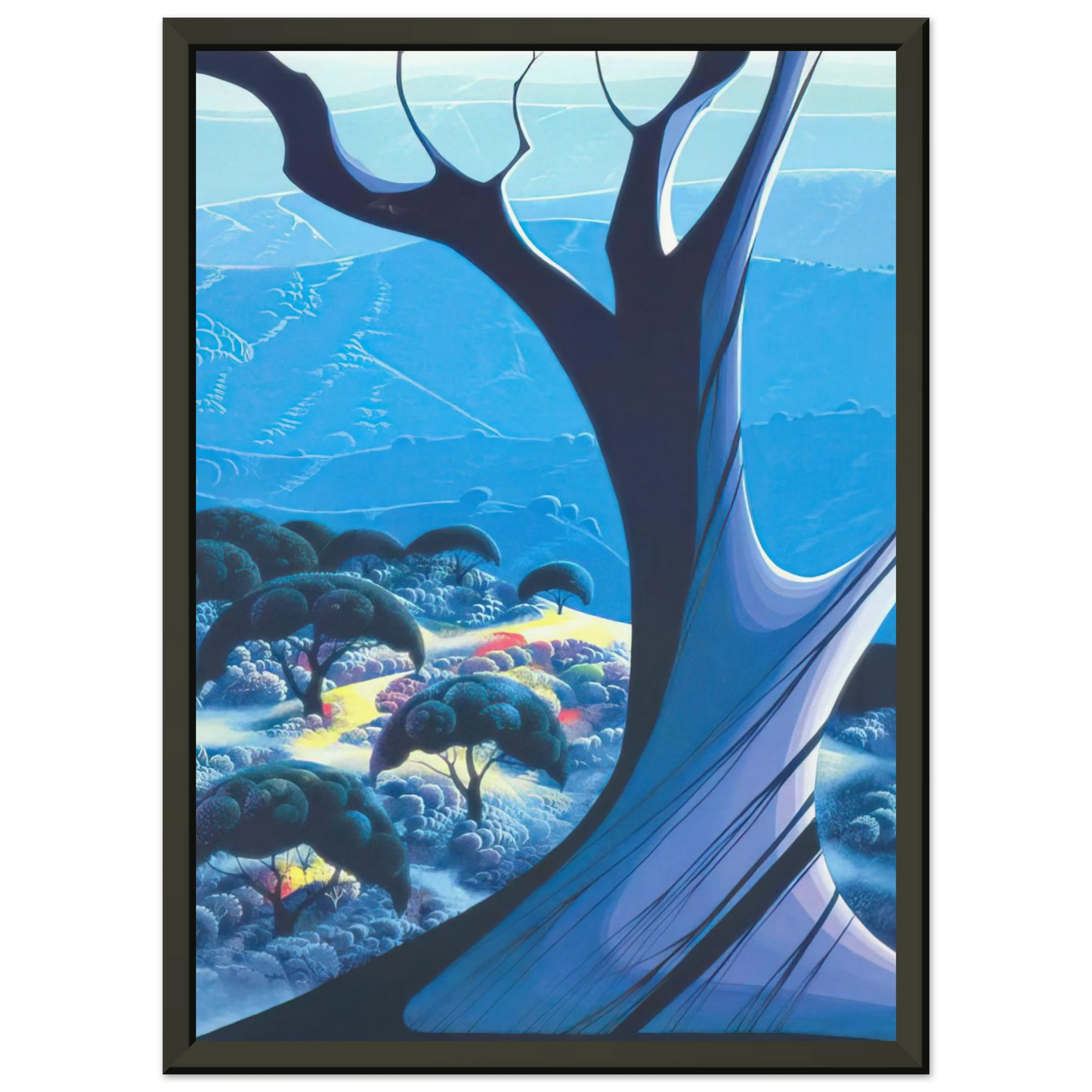 Eyvind Earle  Purple Treeand Mountains Framed Art Print  - Aluminum Frame - 40x50 cm / 16x20 inches