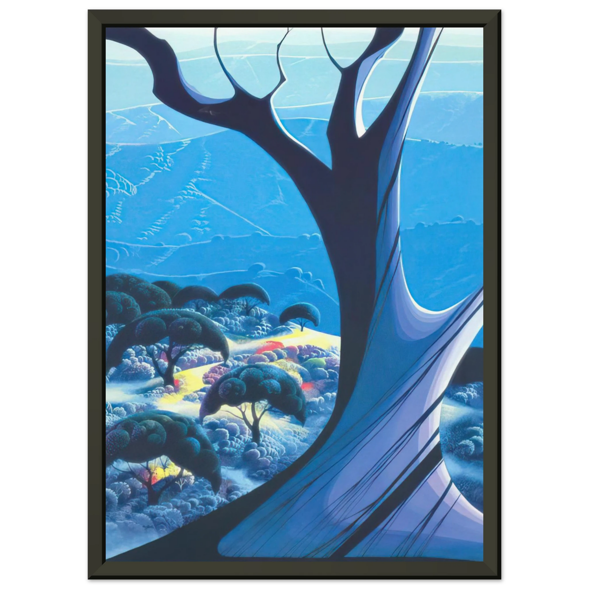 Eyvind Earle  Purple Treeand Mountains Framed Art Print  - Aluminum Frame - 40x50 cm / 16x20 inches