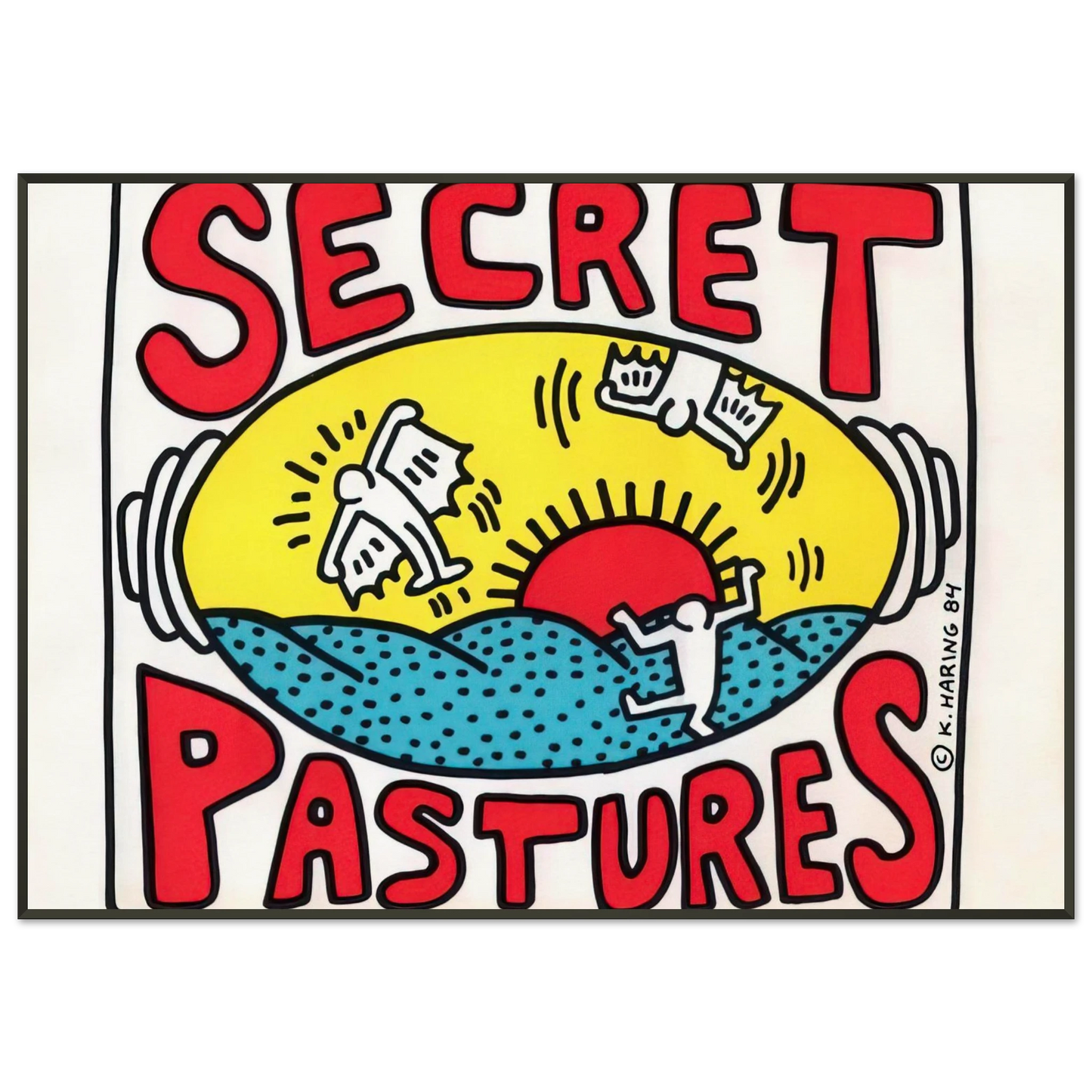 Keith Haring PROMOTIONAL POSTER FOR SECRET PASTURES 1984 Framed Art Print - Aluminum Frame - 21x29.7 cm / 8x12"