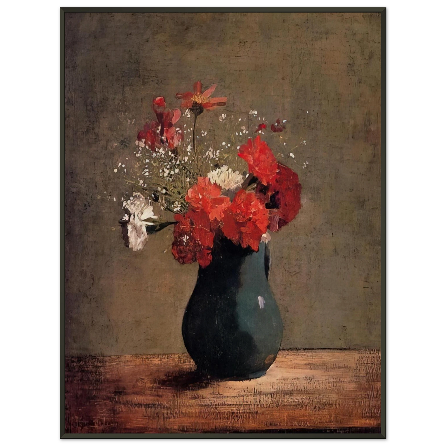 Odilon Redon  CARNATIONS AND BABY S BREATH IN A GREEN PITCHER Framed Art Print  - Aluminum Frame - 60x80 cm / 24x32 inches