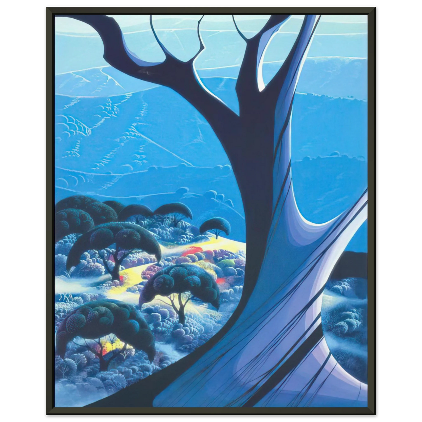 Eyvind Earle  Purple Treeand Mountains Framed Art Print  - Aluminum Frame - 60x80 cm / 24x32 inches
