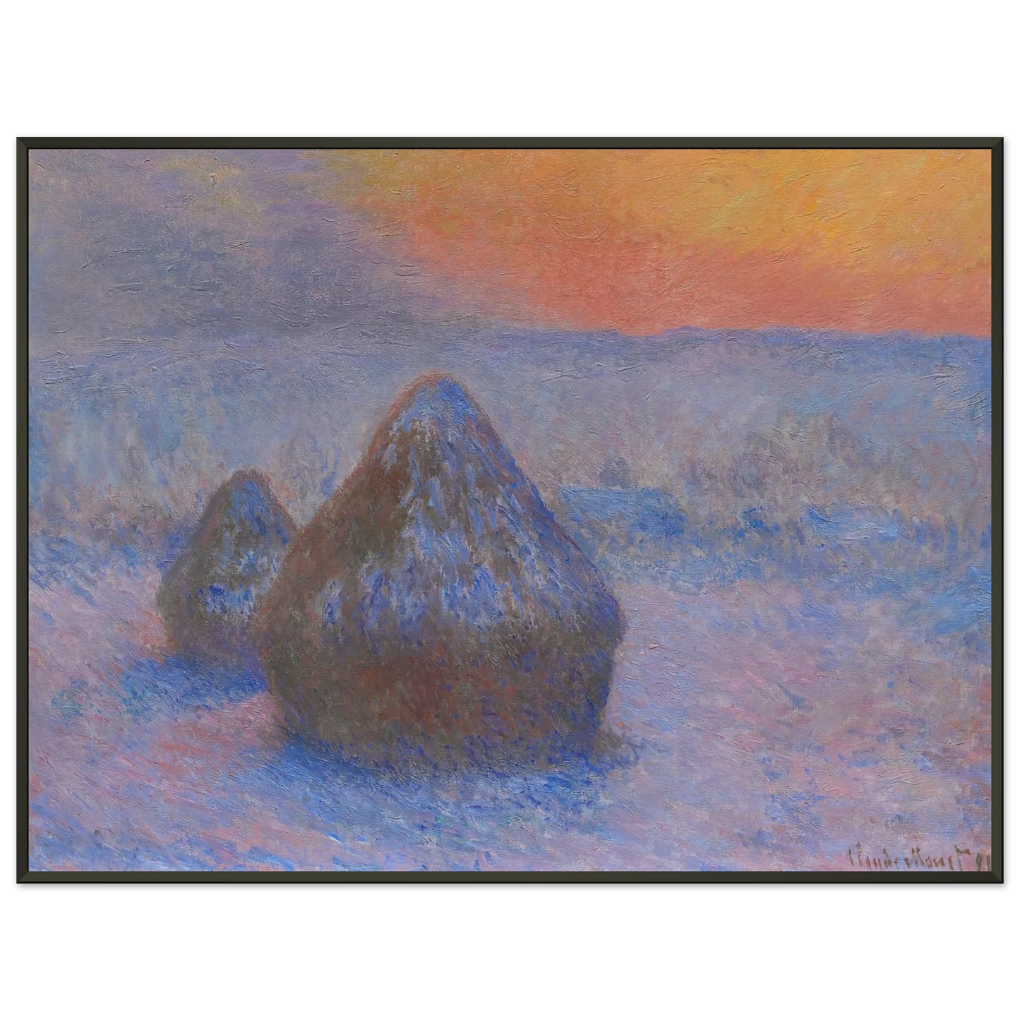 claude monet  Stacks of Wheat Sunset Snow Effect Framed Art Print  - Aluminum Frame - 70x100 cm / 28x40 inches