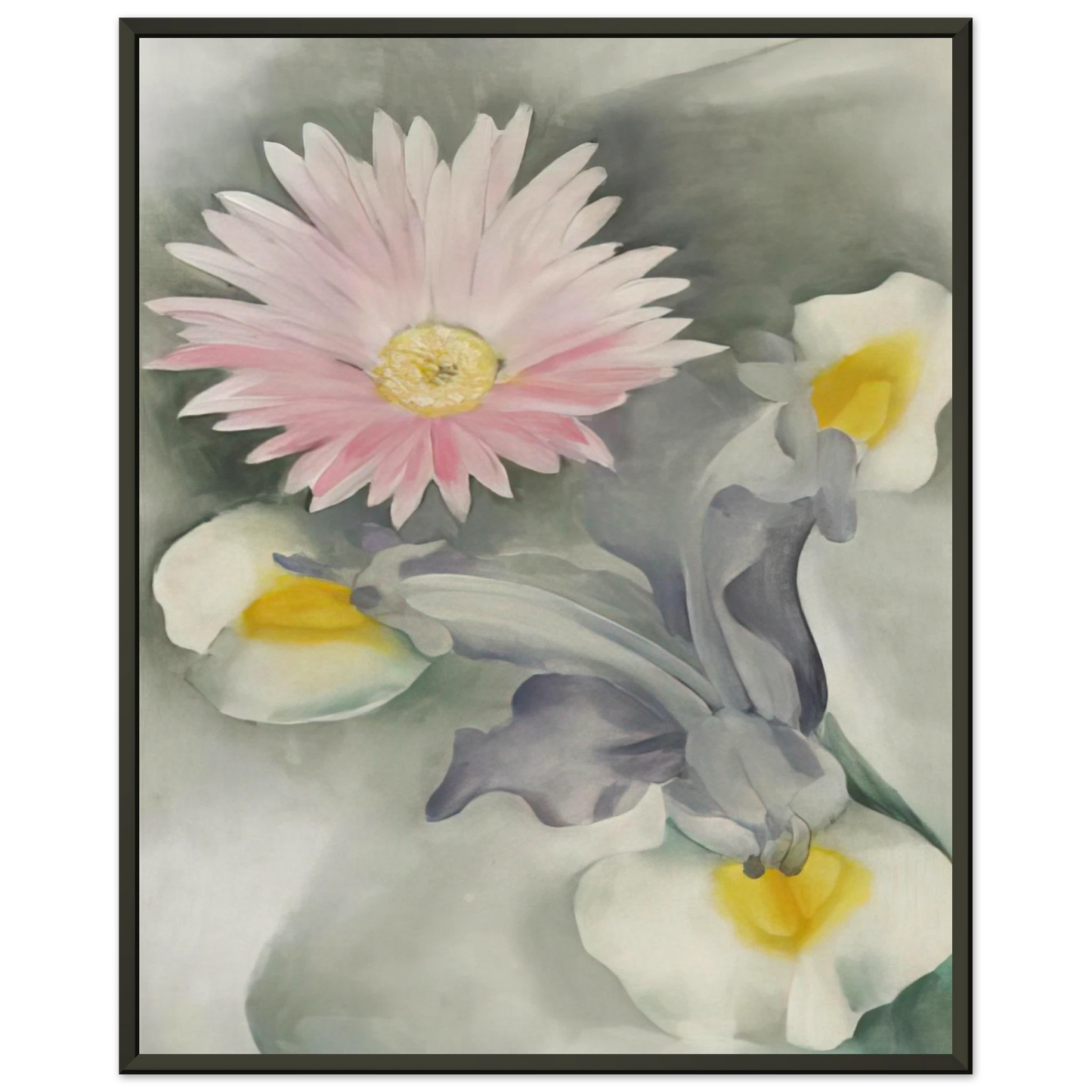 Georgia OKeeffe Pink Daisy with Iris Framed Art Print - Aluminum Frame - 60x80 cm / 24x32 inches