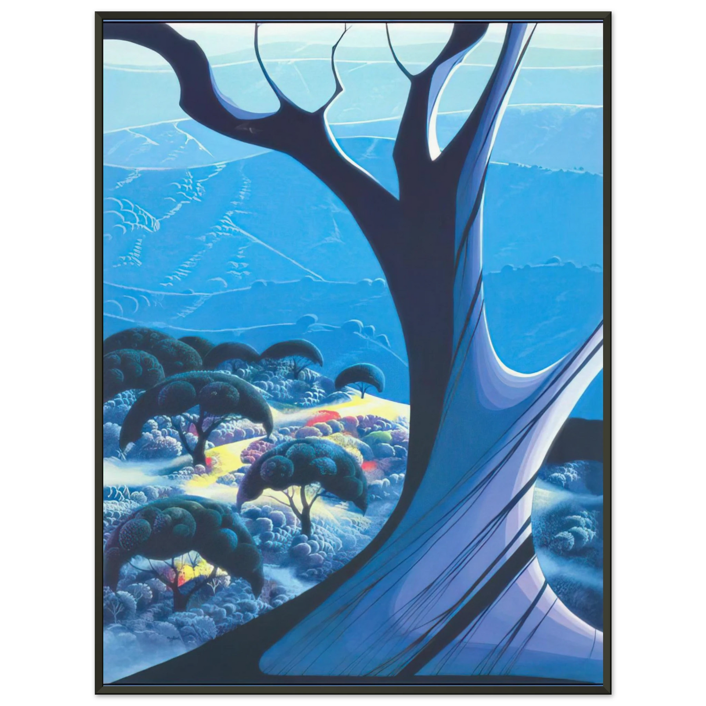 Eyvind Earle  Purple Treeand Mountains Framed Art Print  - Aluminum Frame - 70x100 cm / 28x40 inches