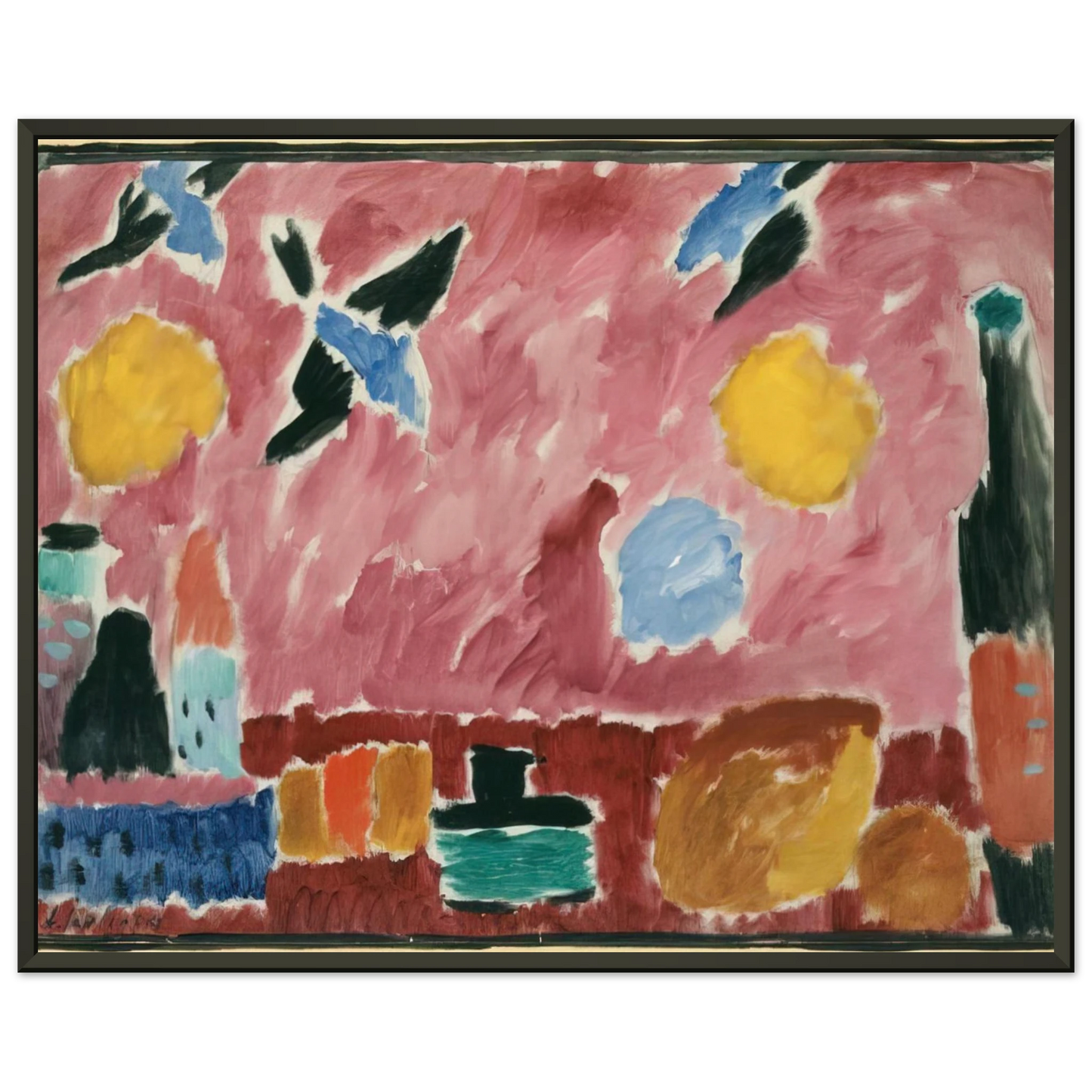 Alexej von Jawlensky STILL LIFE WITH BOTTLE BREAD AND RED WALLPAPER WITH SWALLOWS 1915 Framed Art Print - Aluminum Frame - 60x80 cm / 24x32 inches