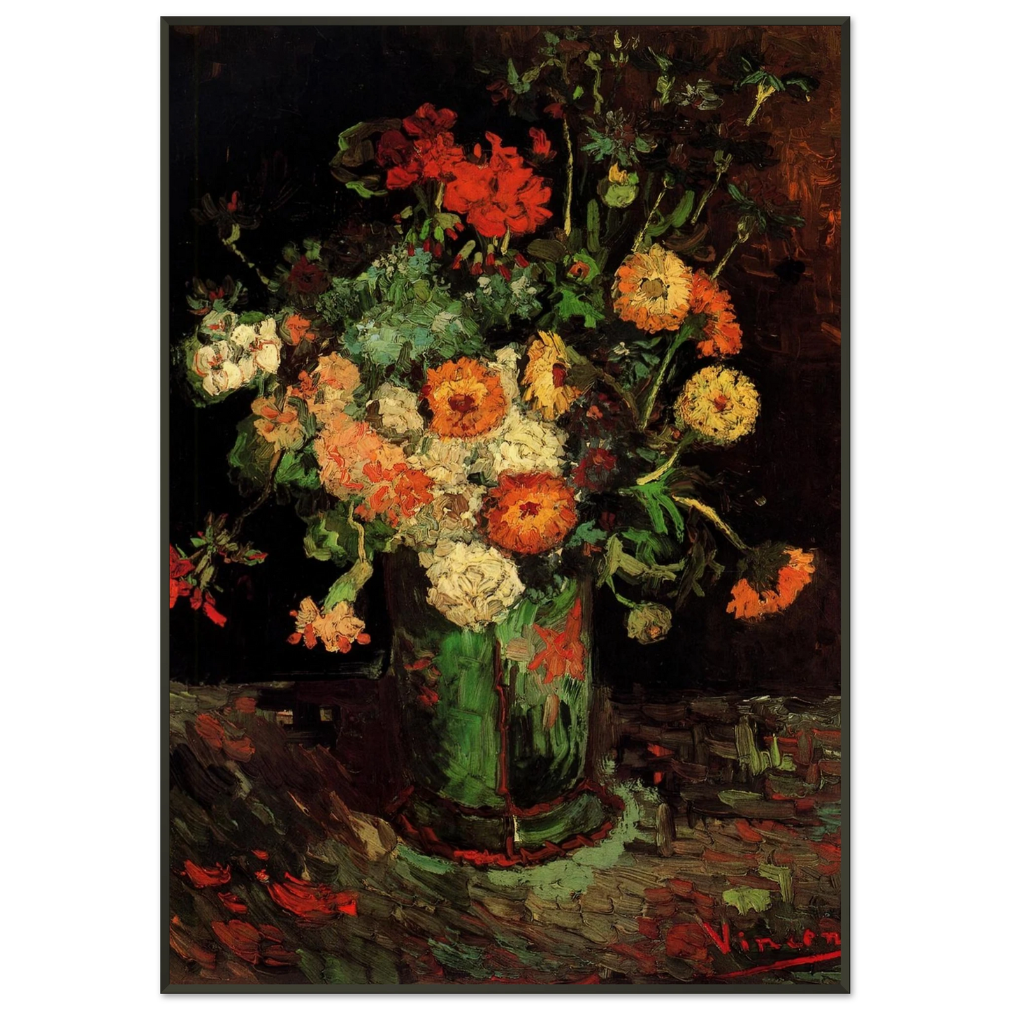 Vincent van Gogh Vase with Zinnias and Geraniums Framed Art Print - Aluminum Frame - 21x29.7 cm / 8x12"