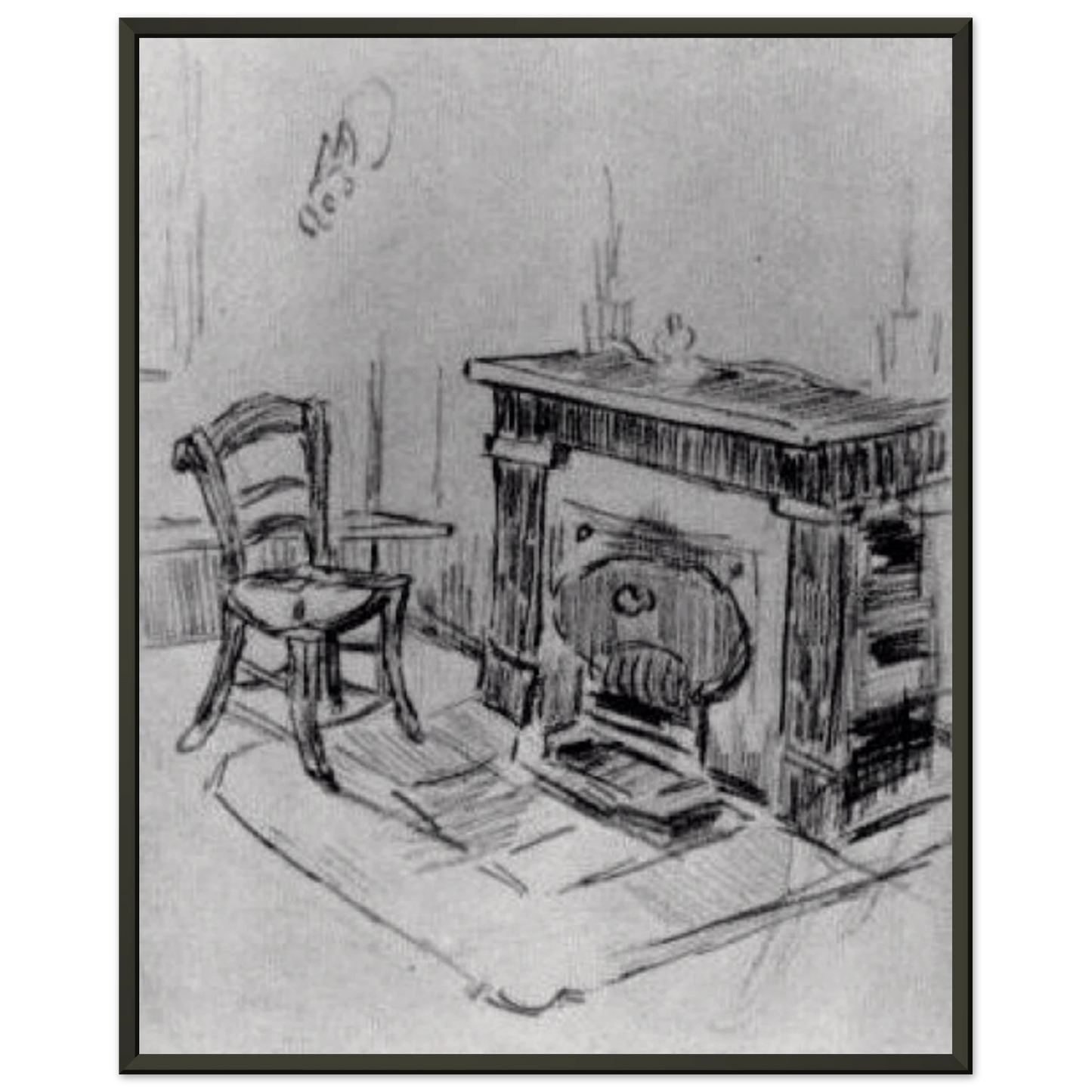 Vincent van Gogh  Mantelpiece with Chair Framed Art Print  - Aluminum Frame - 60x80 cm / 24x32 inches