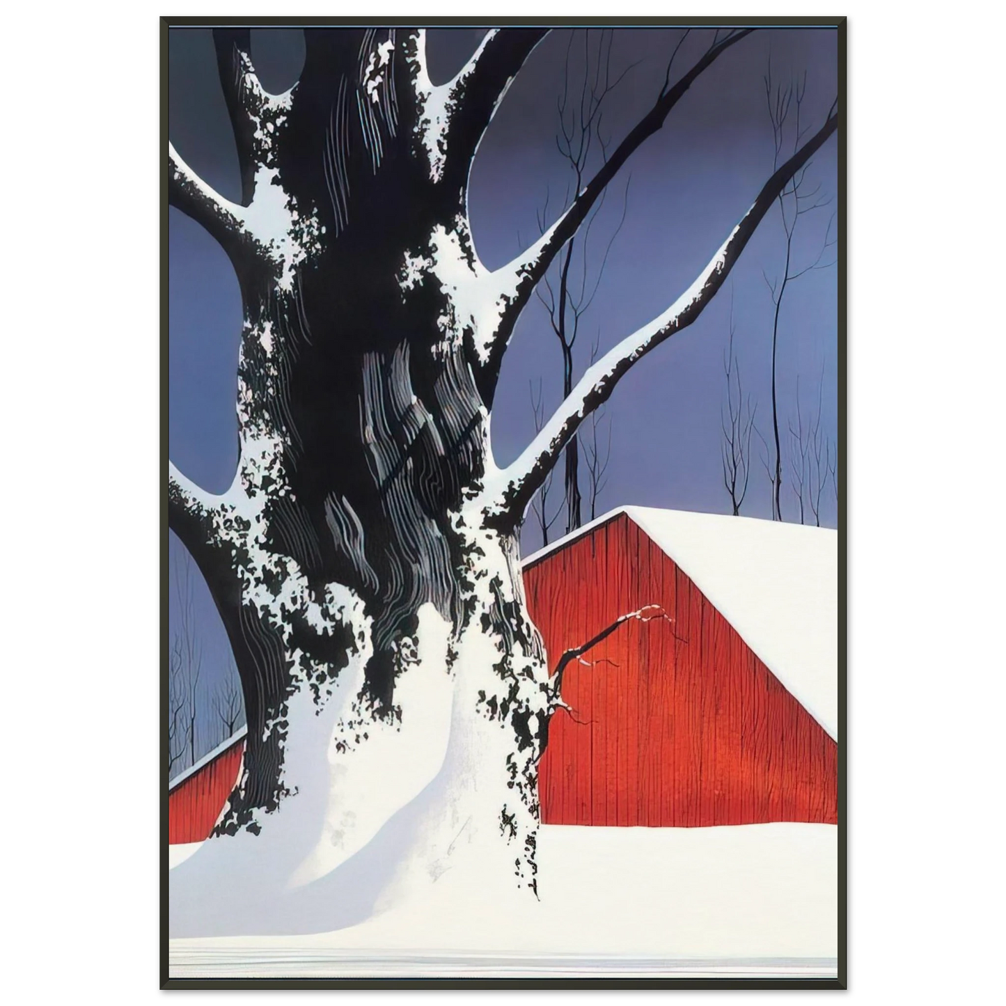 Eyvind Earle Red Barn and Tree Snow Framed Art Print - Aluminum Frame - 21x29.7 cm / 8x12"