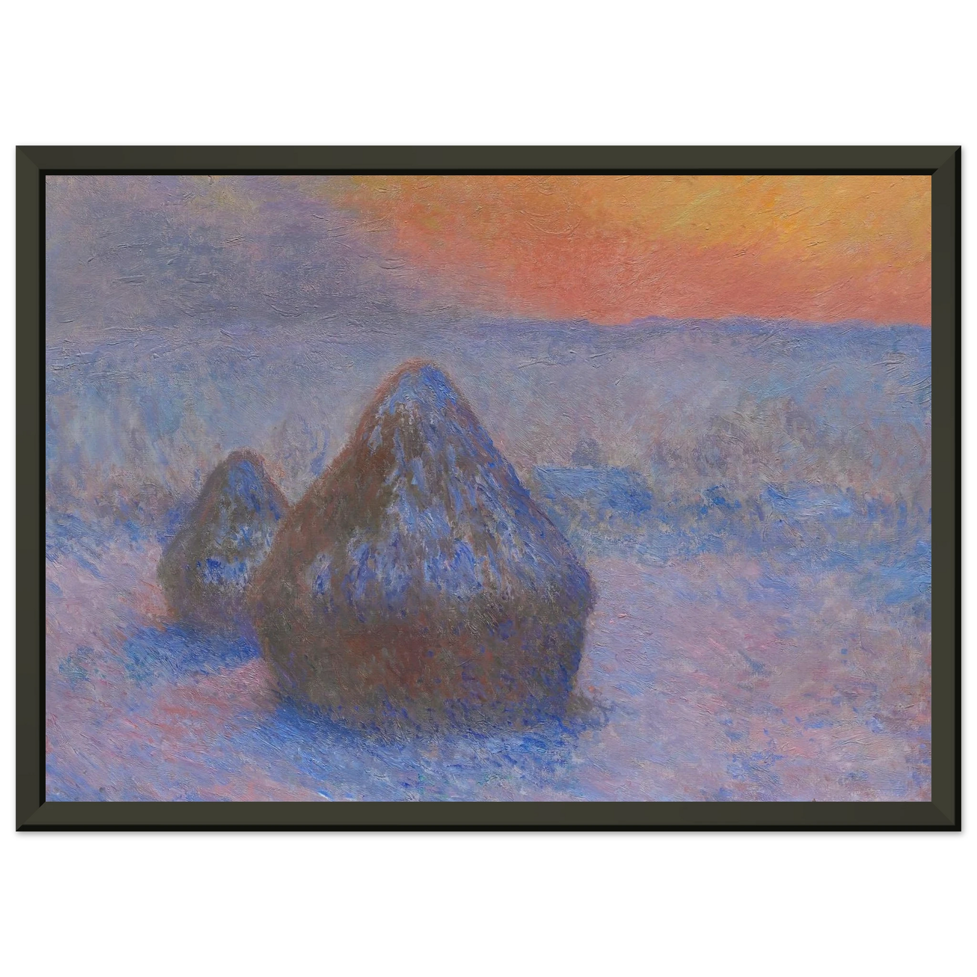 claude monet  Stacks of Wheat Sunset Snow Effect Framed Art Print  - Aluminum Frame - 60x80 cm / 24x32 inches