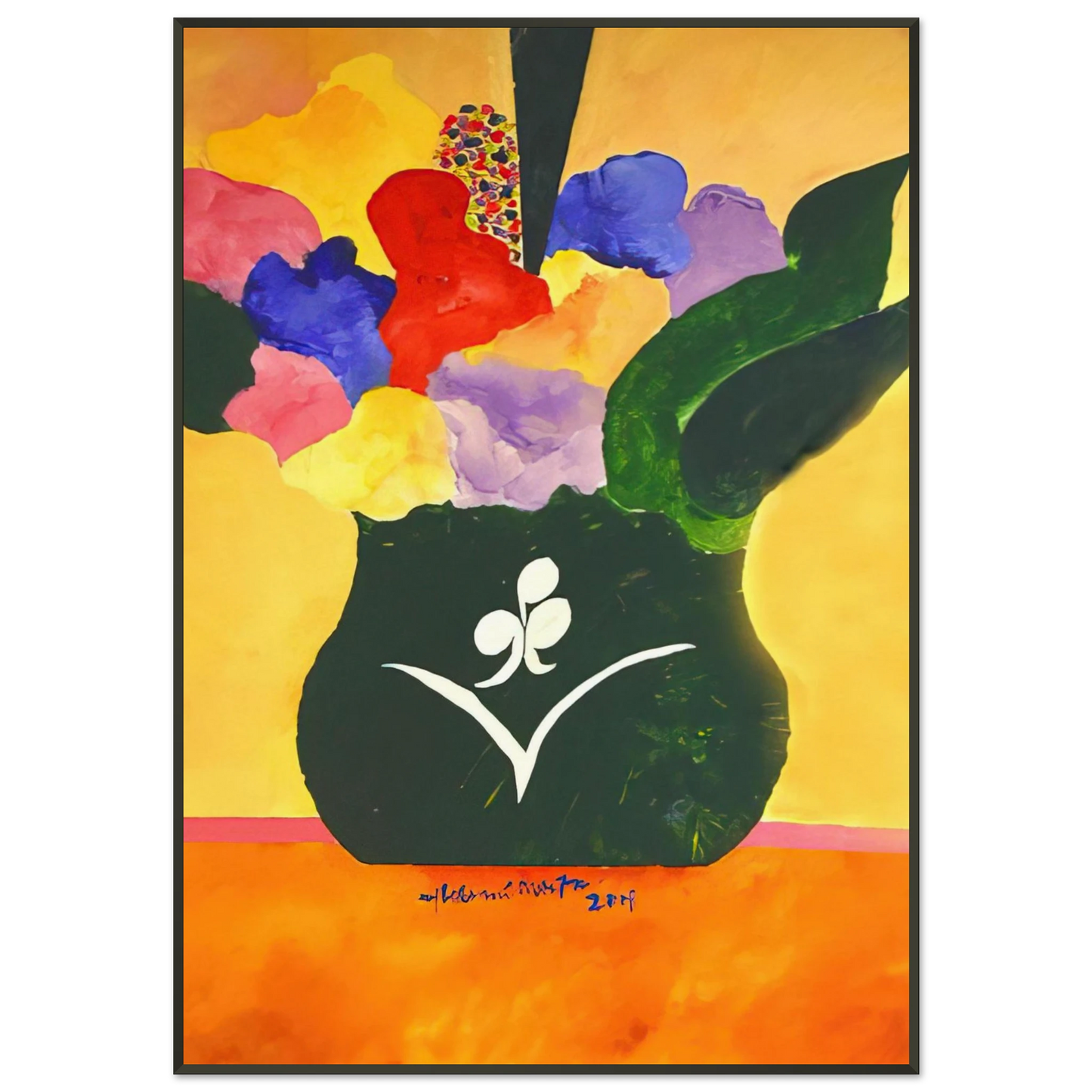 Aldemir Martins Green Vase With Flowers and Fruit 2001 Framed Art Print - Aluminum Frame - 21x29.7 cm / 8x12"